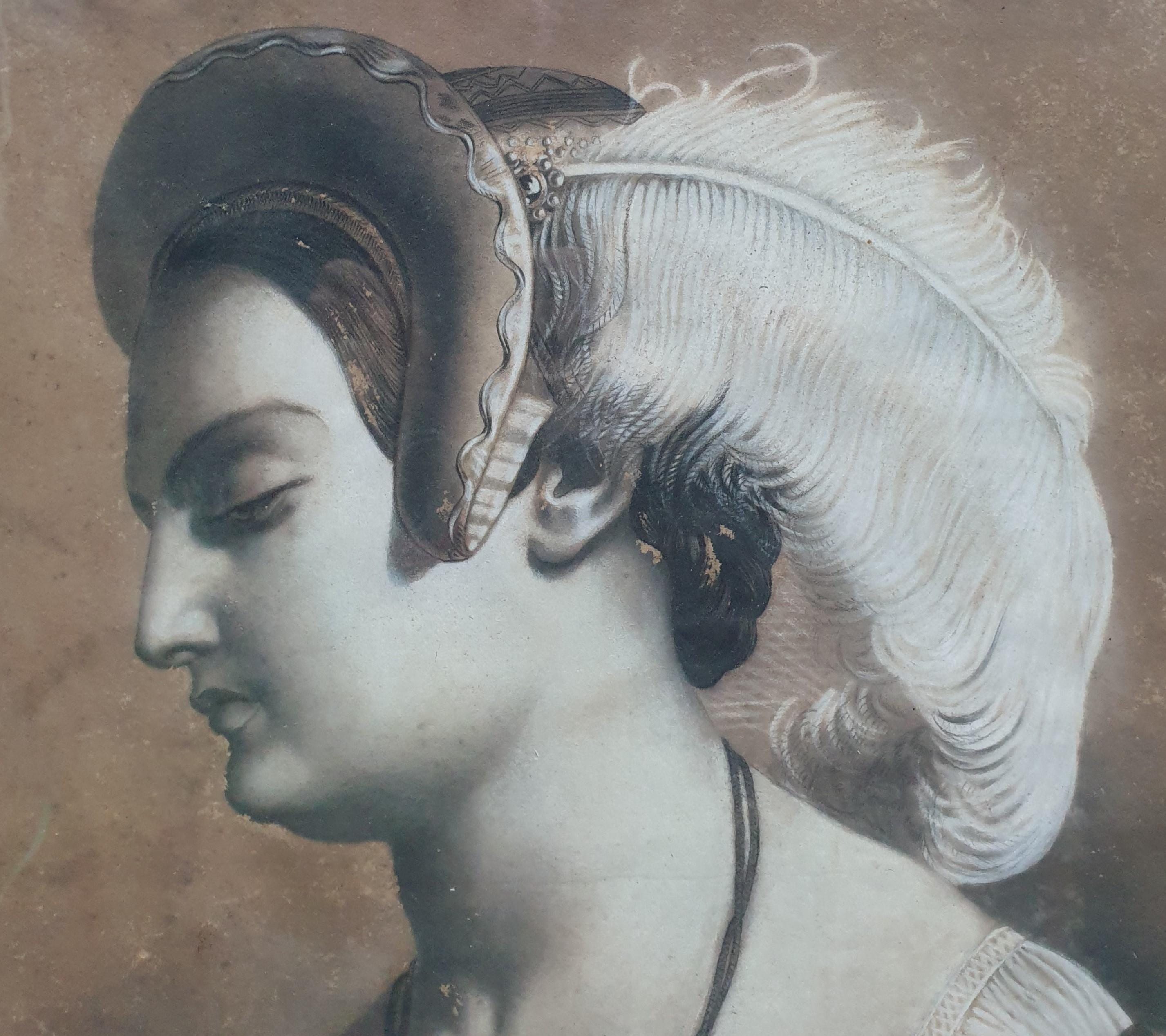 Drawing Chalk Portrait of a Lady Renaissance French Romantic 19th For Sale 1