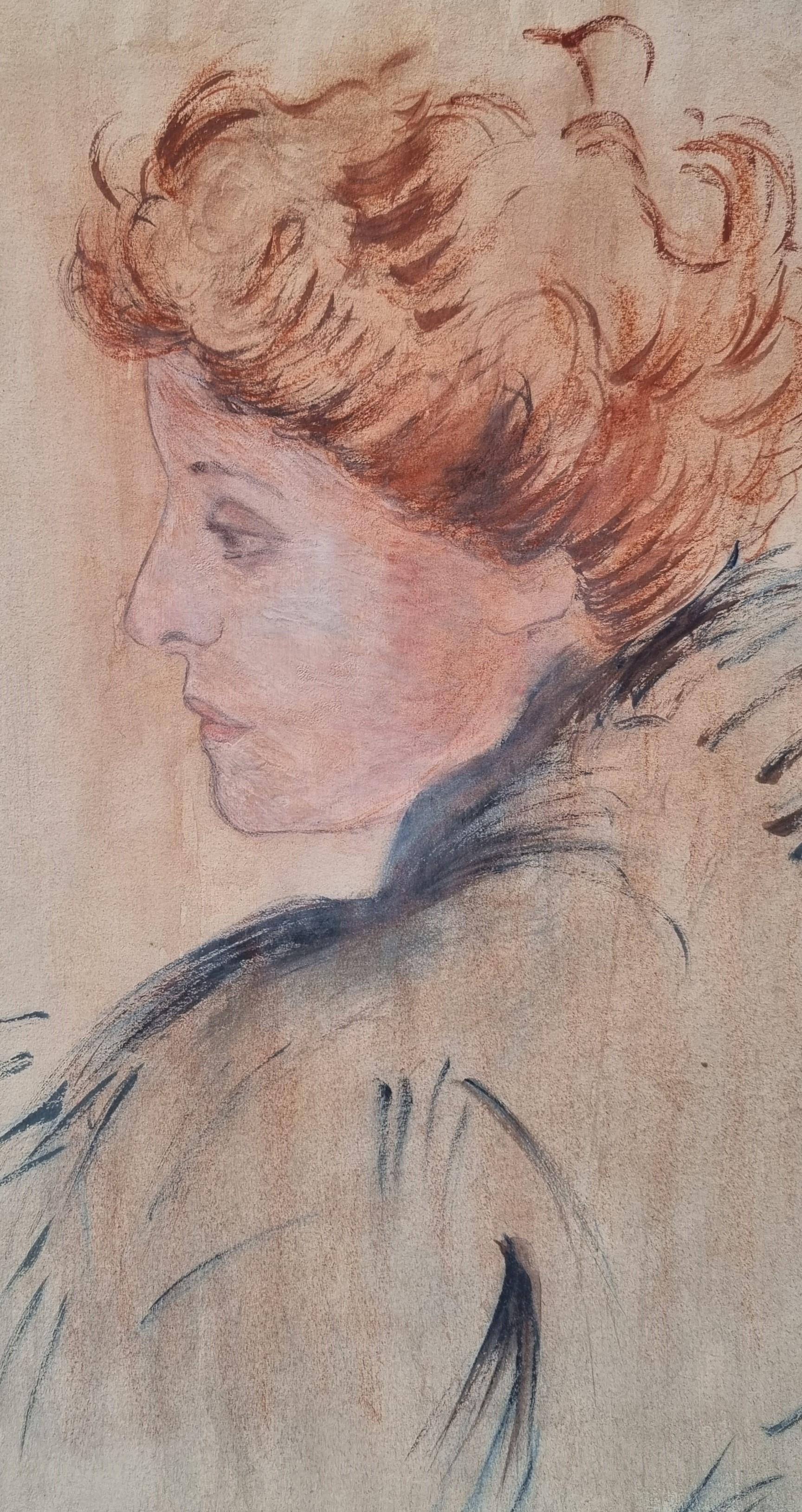 Drawing Portrait Sarah Bernhardt red hair woman French late 19th monogram For Sale 1