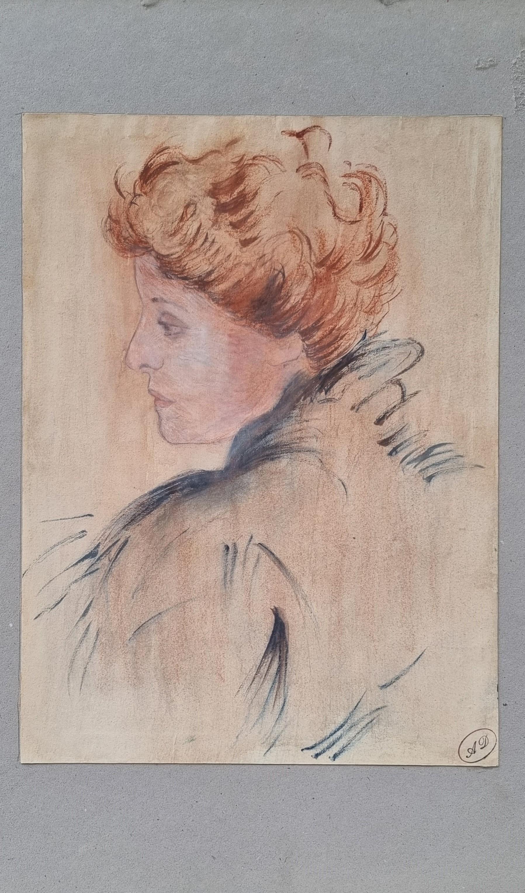 French school from the end of the 19th century
Drawing
Pencil and pastel
40 x 29 cm (55 x 46 cm with cardboard support) 
Collector's stamp or workshop stamp at the bottom right ? “A.D.”