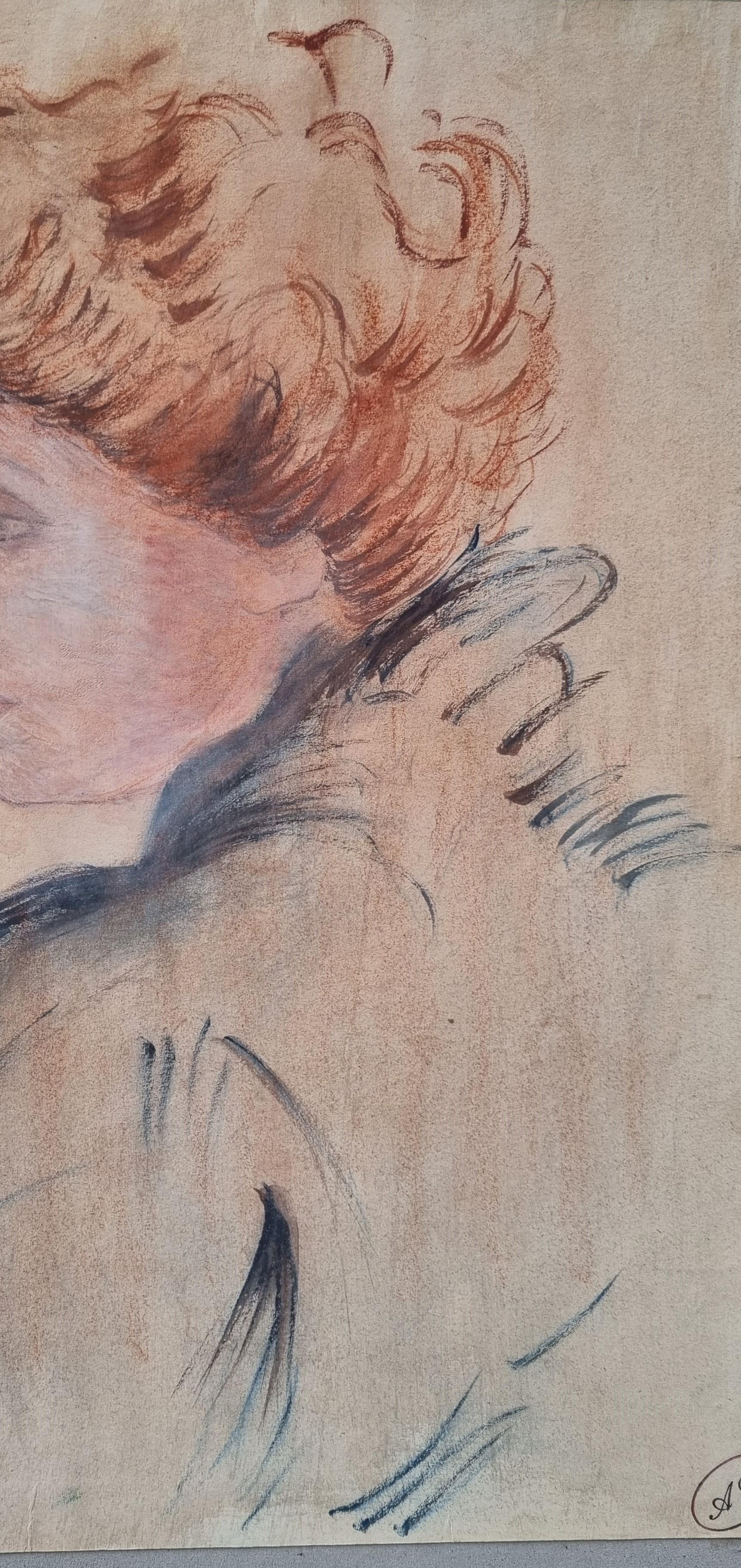 Drawing Portrait Sarah Bernhardt red hair woman French late 19th monogram For Sale 2