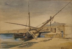 Aquarell LETUAIRE Arsenal Toulon bateau Français 19e