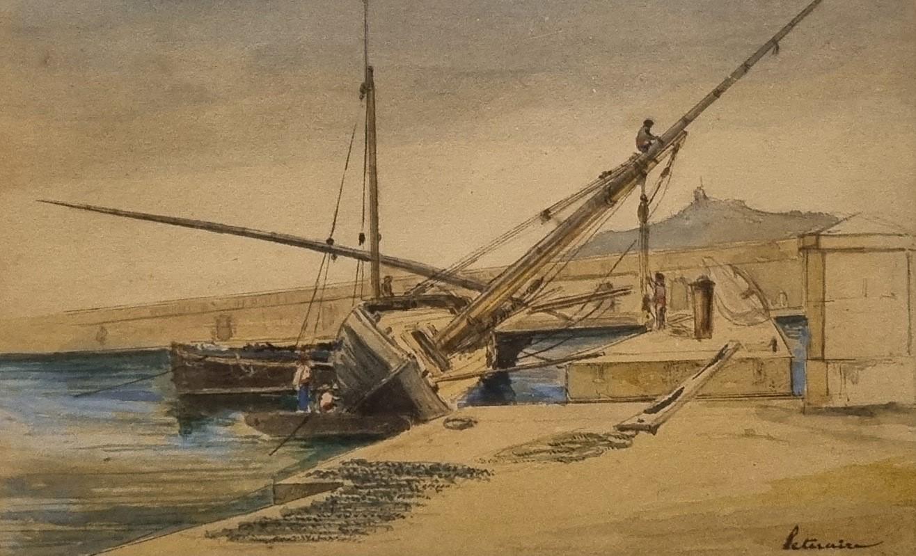 Watercolor LETUAIRE Arsenal Toulon bateau Français 19e - French School Art by Pierre LETUAIRE
