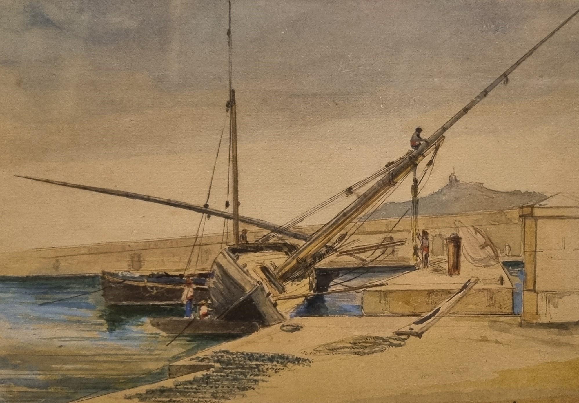 Watercolor LETUAIRE Arsenal Toulon bateau Français 19e - Beige Figurative Art by Pierre LETUAIRE