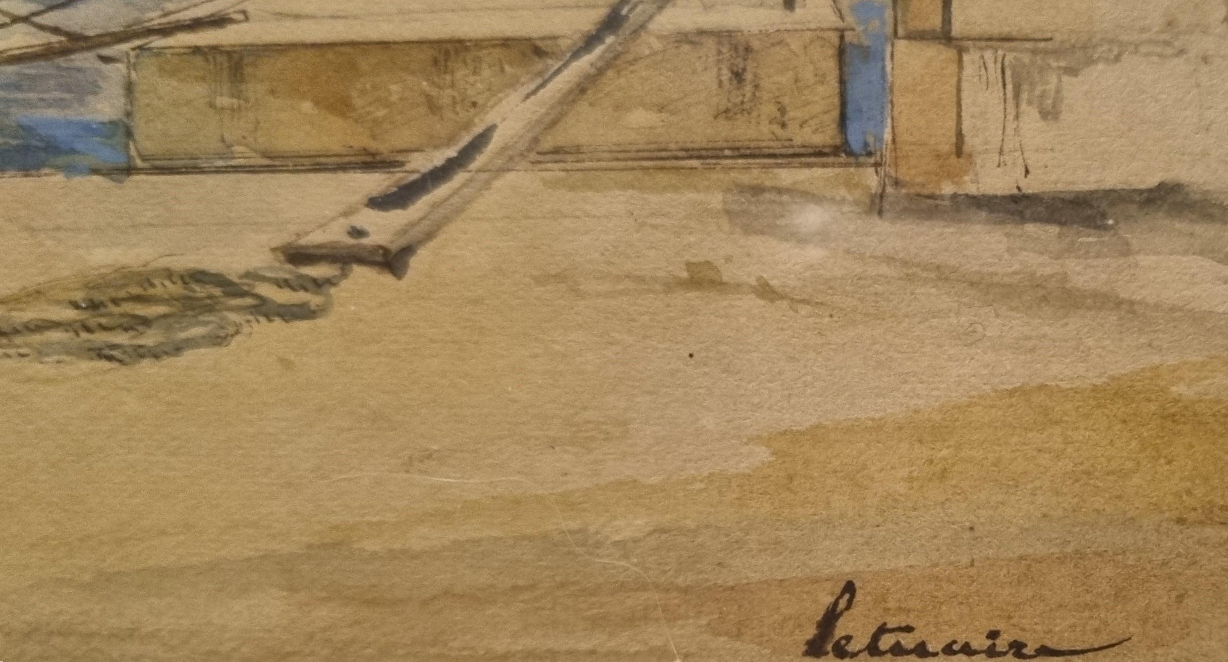 Watercolor LETUAIRE Arsenal Toulon bateau Français 19e For Sale 1