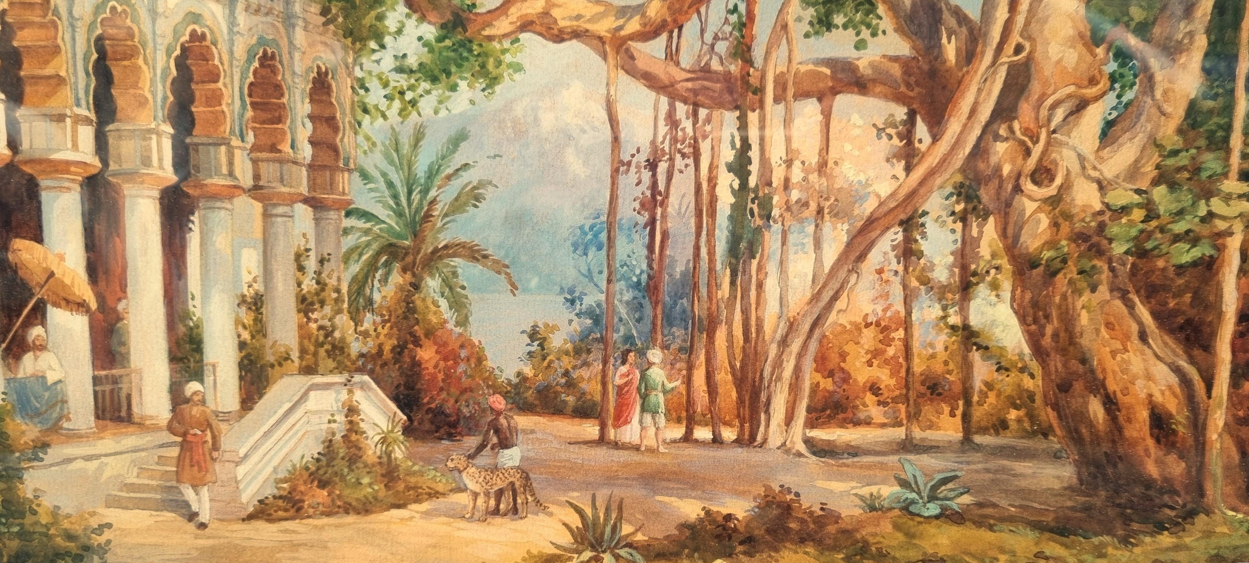 Watercolor German American Painter ROHRBECK India Palace Panorama Milwaukee 19th - Brown Landscape Art by Franz ROHRBECK