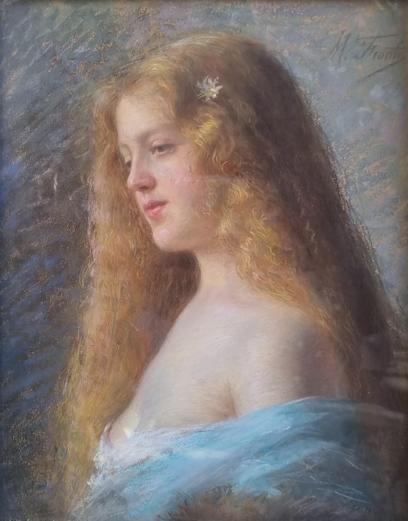 Pastel Portrait Young Blonde Woman French Marseille Michel FRONTI Late 19th For Sale 2
