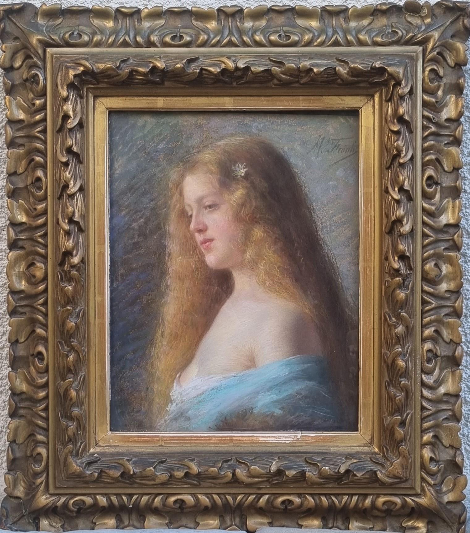 Pastel Portrait Young Blonde Woman French Marseille Michel FRONTI Late 19th For Sale 1