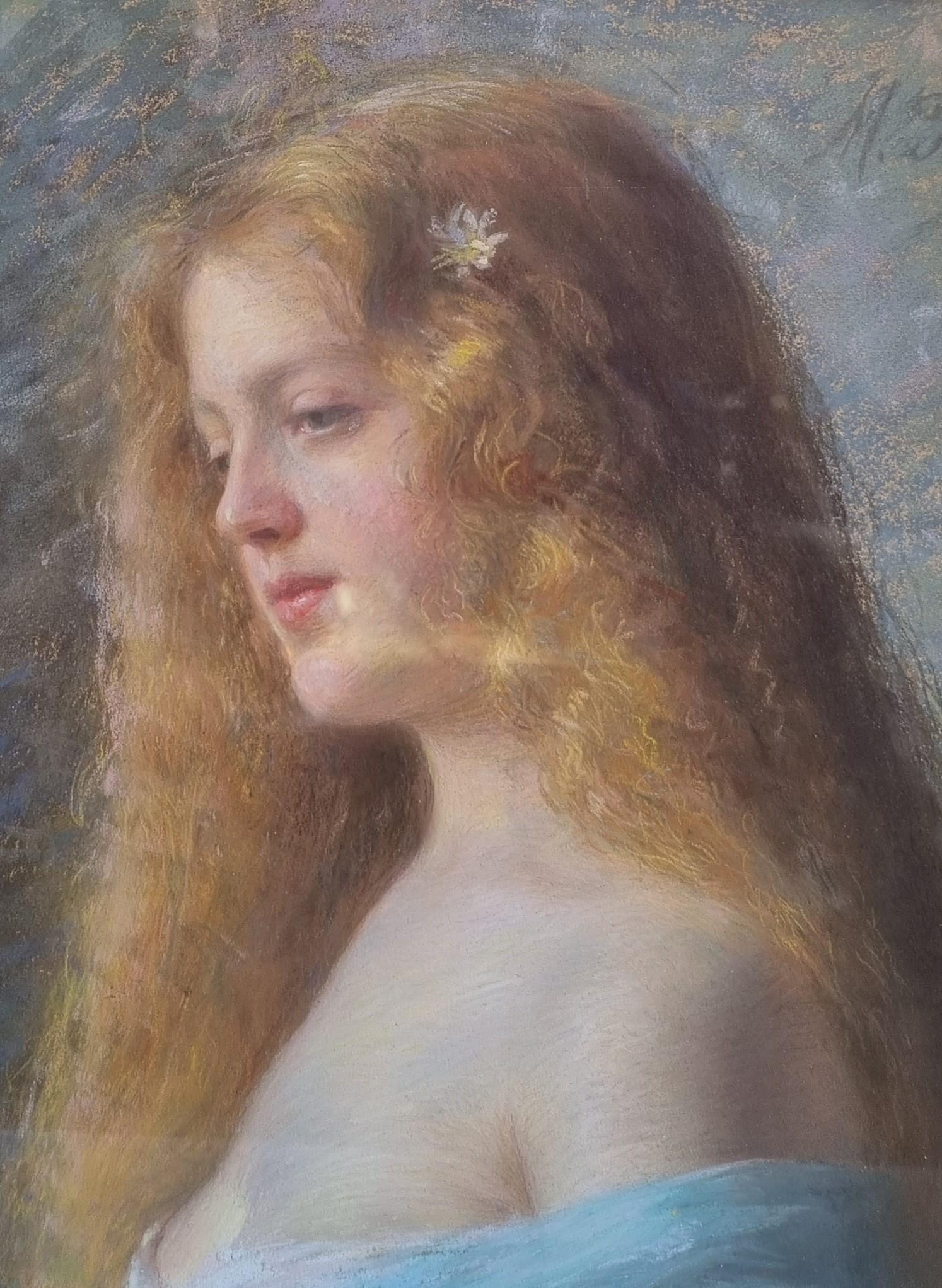 Pastel Portrait Young Blonde Woman French Marseille Michel FRONTI Late 19th For Sale 3