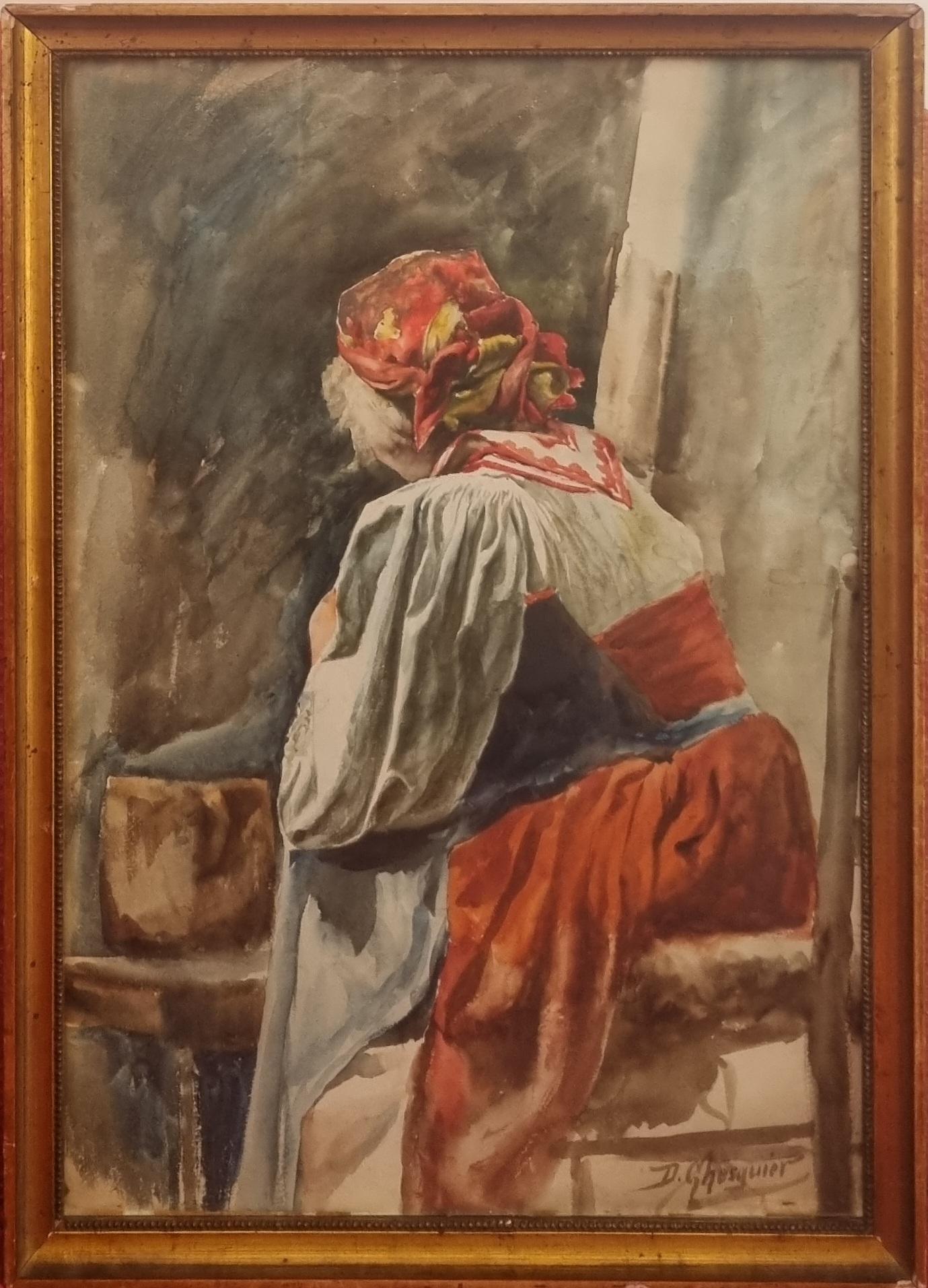 Acquerello accademico francese del 19° GHESQUIER Ritratto di giovane donna italiana Roma 1880 - Art di Désiré Auguste GHESQUIER