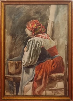 French Watercolor Academic 19th GHESQUIER Portrait young Italian woman Roma 1880