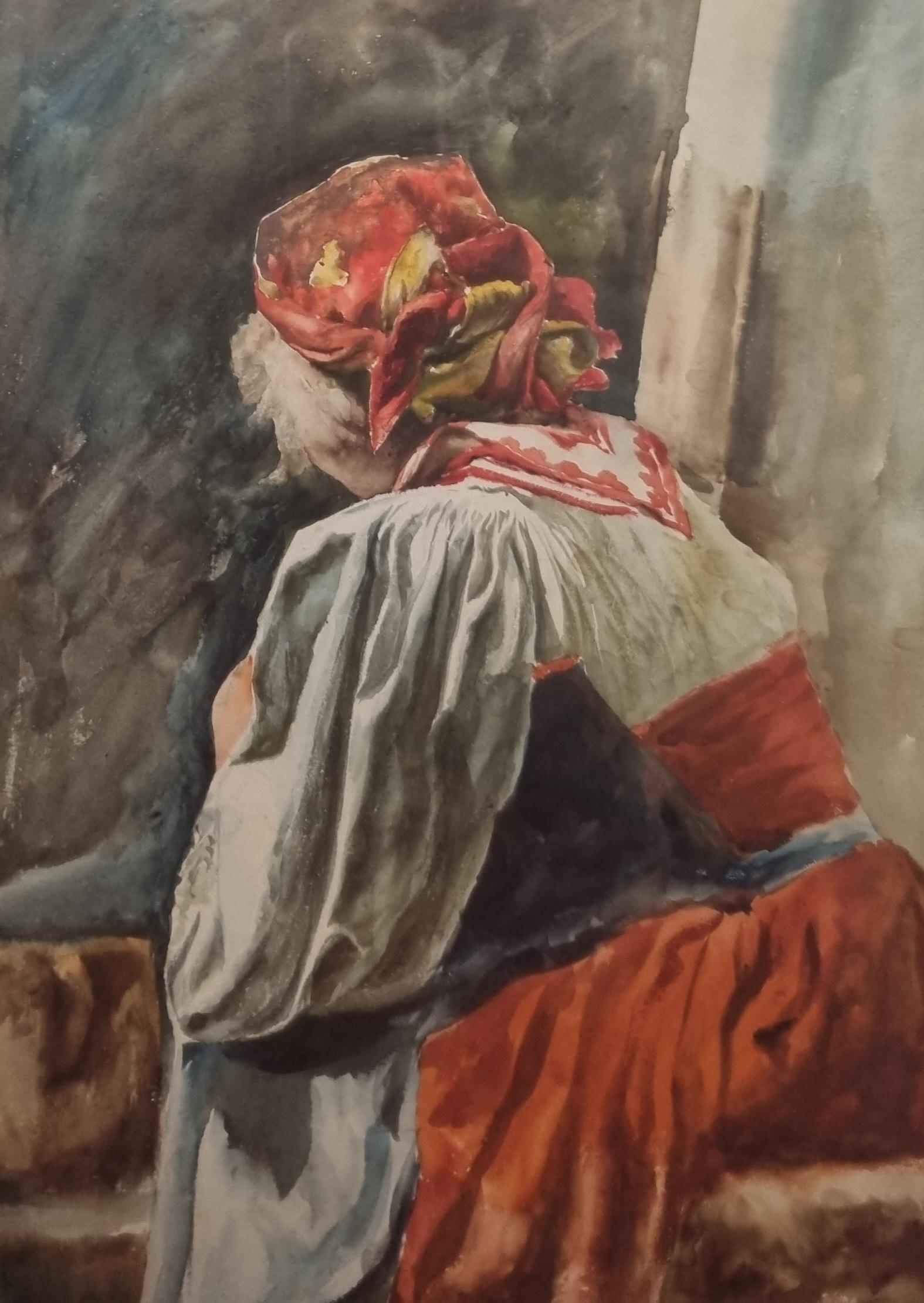 Acquerello accademico francese del 19° GHESQUIER Ritratto di giovane donna italiana Roma 1880 - Art Accademia di Désiré Auguste GHESQUIER