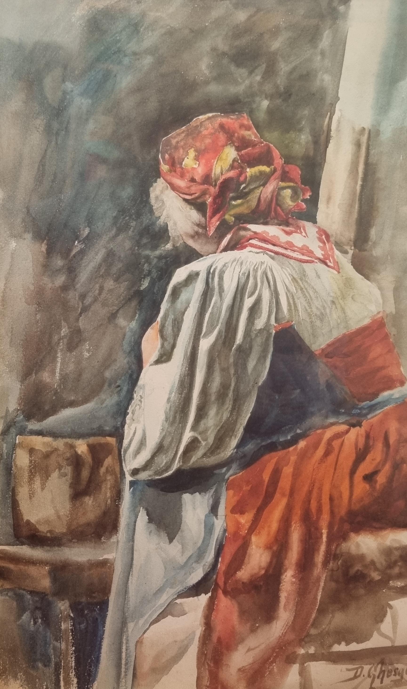 Acquerello accademico francese del 19° GHESQUIER Ritratto di giovane donna italiana Roma 1880 - Figurative Art Marrone di Désiré Auguste GHESQUIER