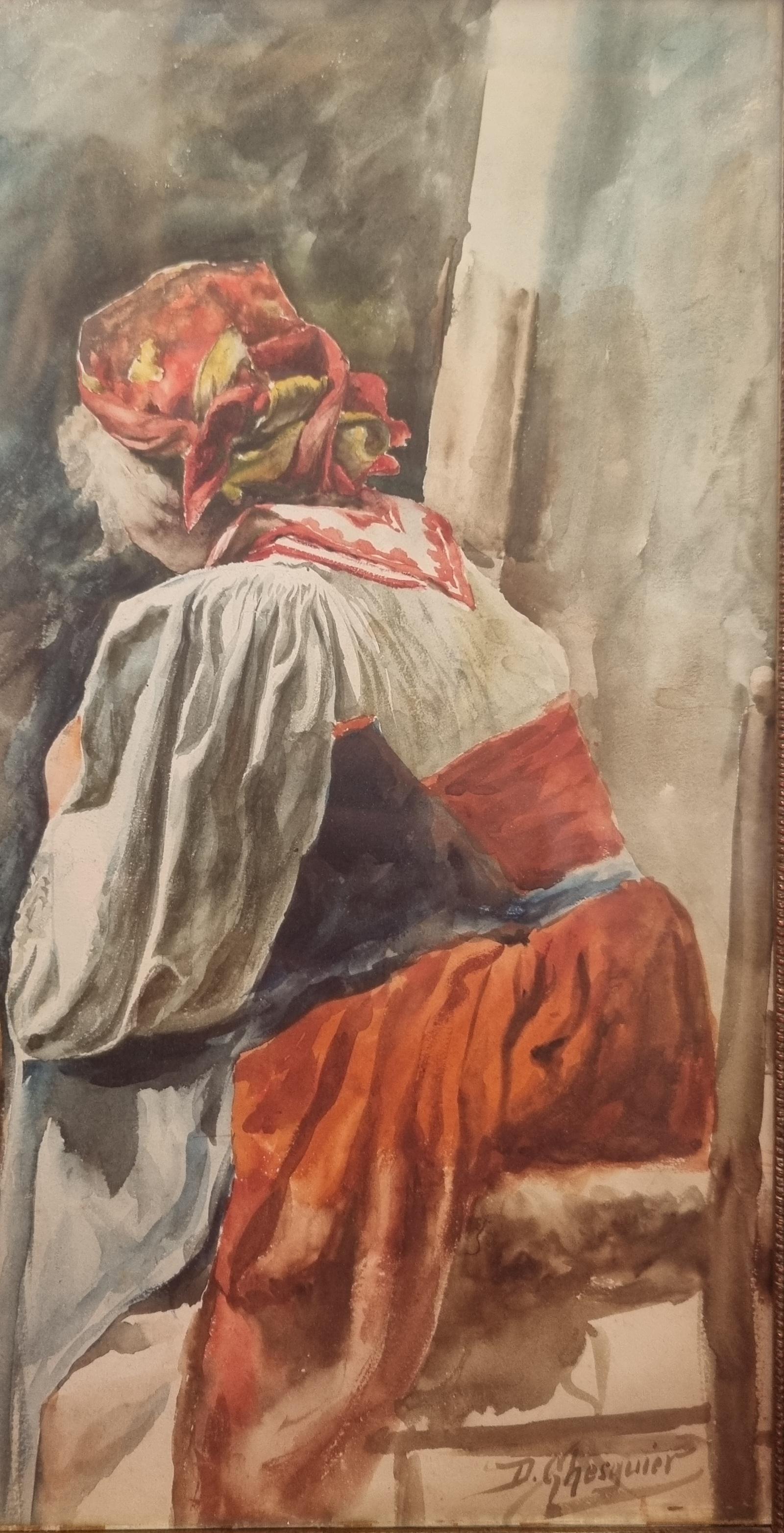 Désiré Auguste GHESQUIER
Lille, 1861 - Lille, 1934
Ritratto di donna italiana di spalle
Acquerello su carta
Firmato in basso a destra 