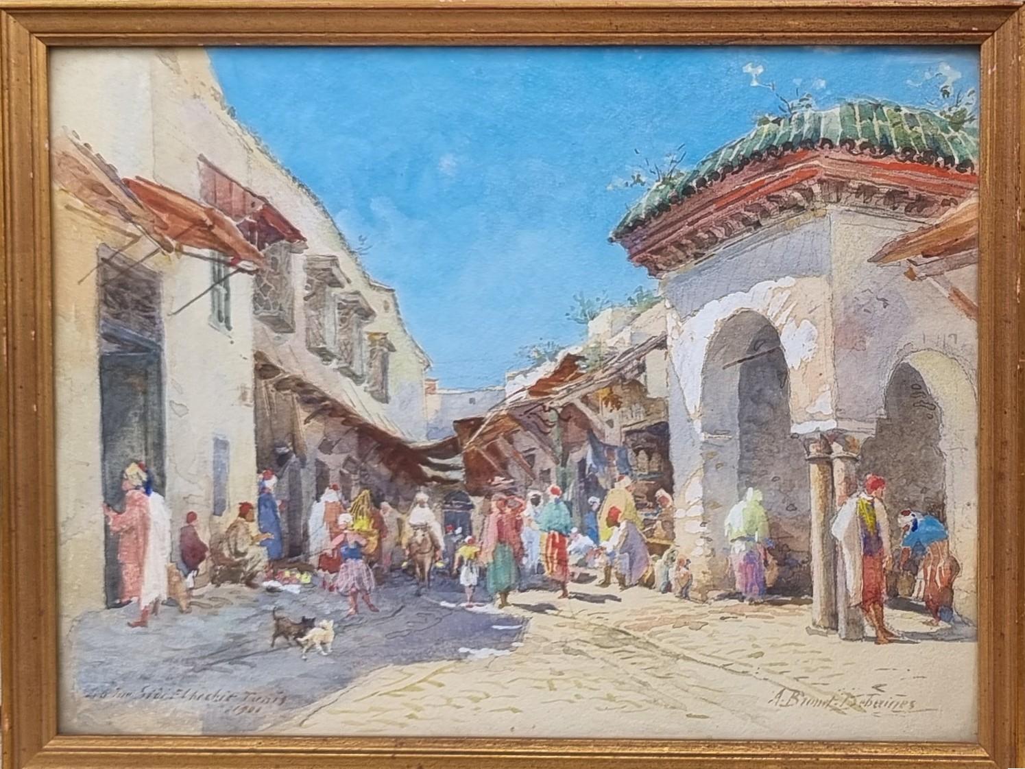 Acquerello Vista Strada Tunisi Realista francese Inizio XX - Art Scuola francese di Alfred Brunet-Debaines