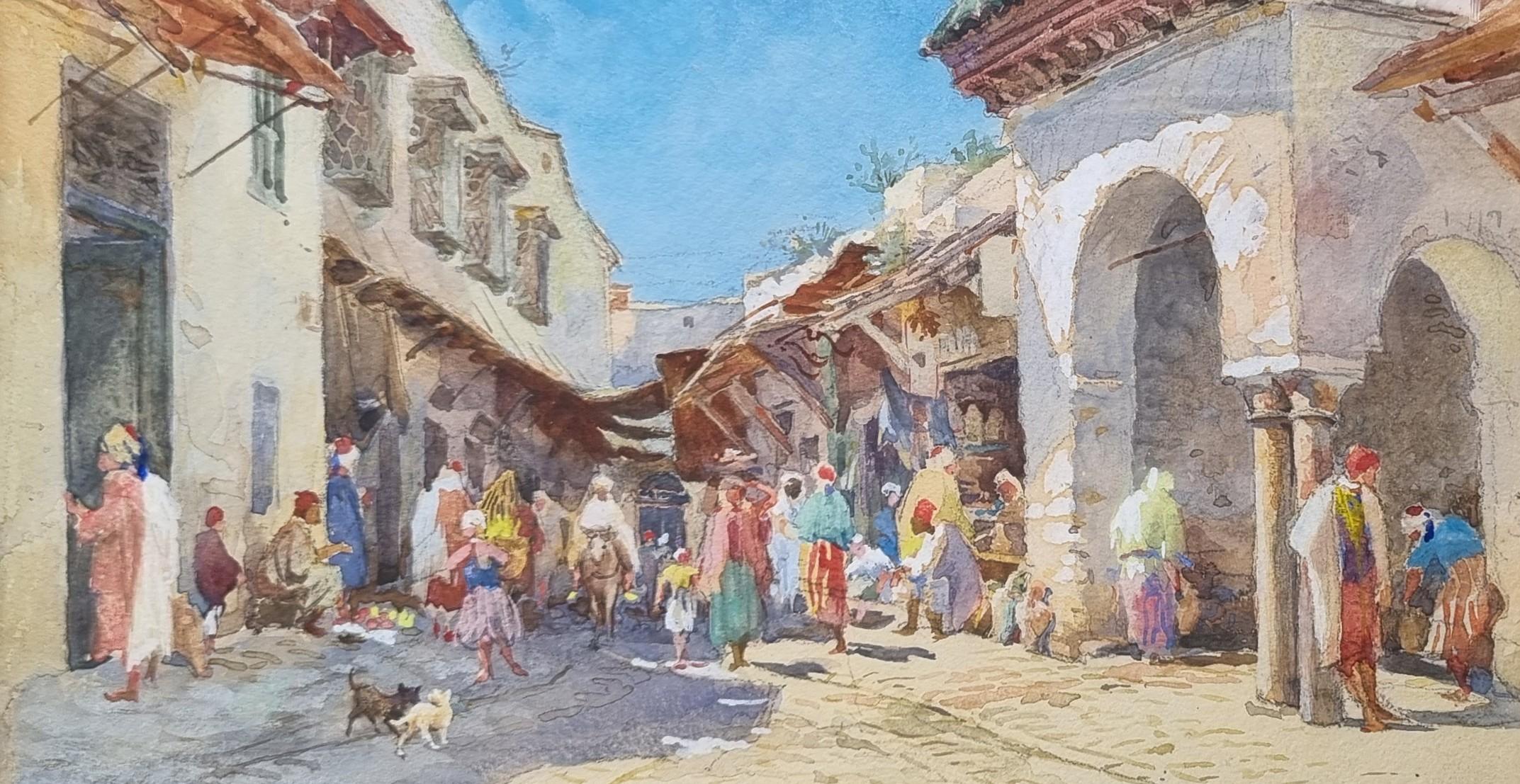 Acquerello Vista Strada Tunisi Realista francese Inizio XX - Landscape Art Grigio di Alfred Brunet-Debaines