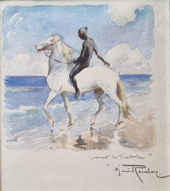 Acquerello dell'artista orientalista belga ROMBERG Marocco Fantasia Cavaliere XIX