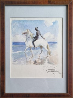 Watercolor Belgian Orientalist Artist ROMBERG Marocco Fantasia Horseman 19th
