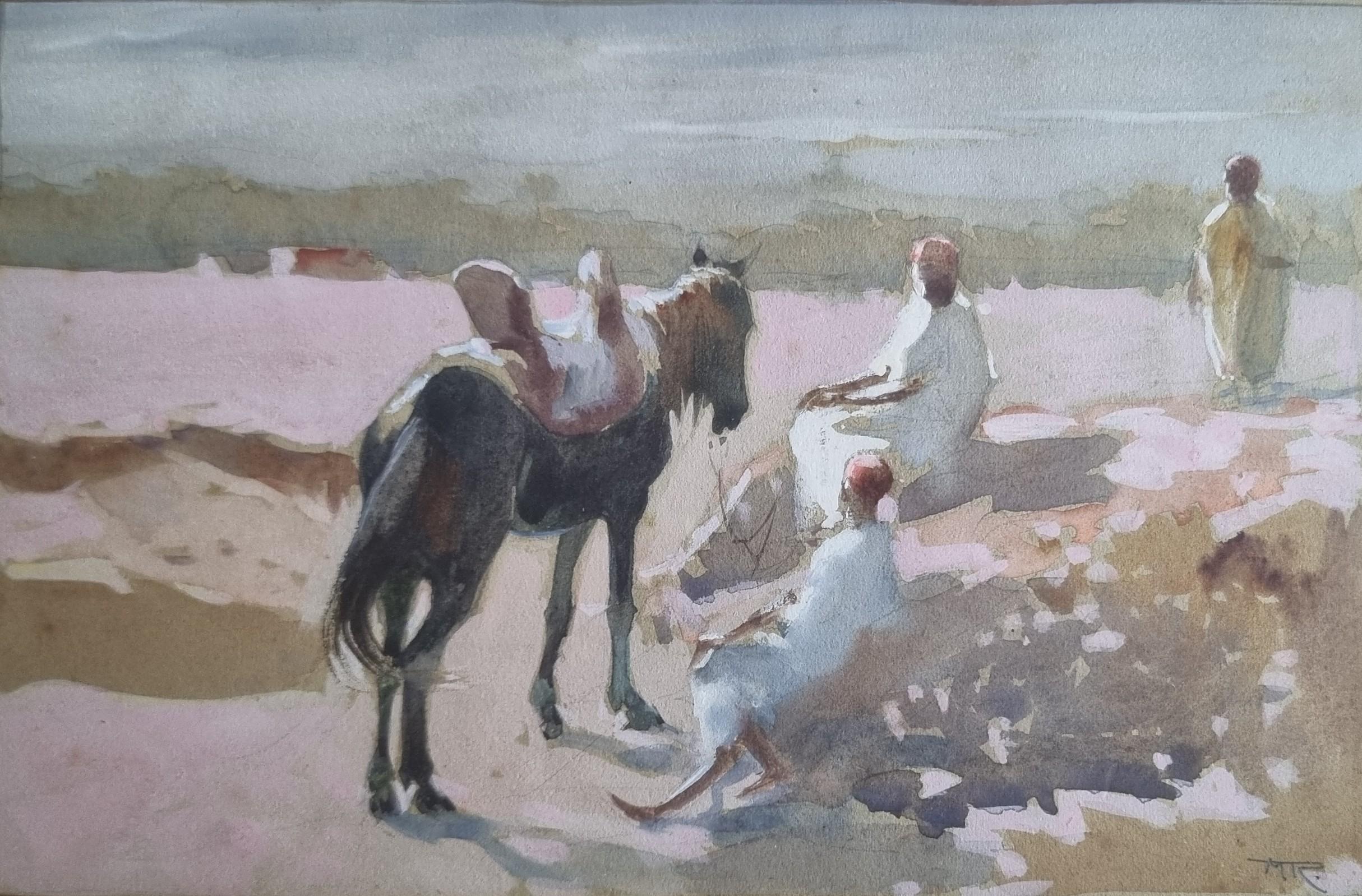 Aquarell Belgischer Orientalist Gemälde Marokko Reiter Pferd 19.