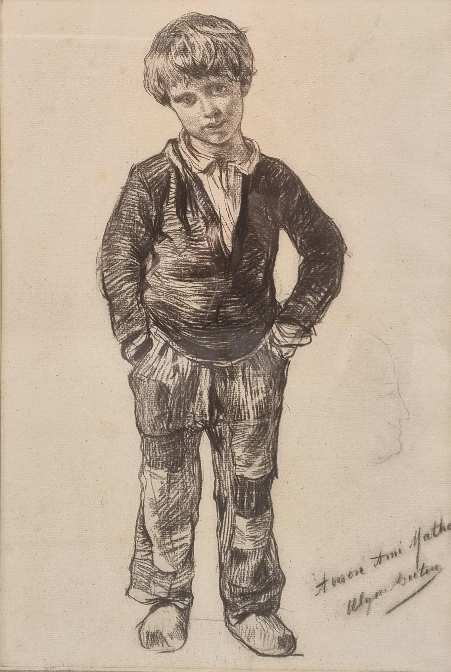 BUTIN Drawing Charcoal Portrait Child Boy Normandy French Naturalist 19th