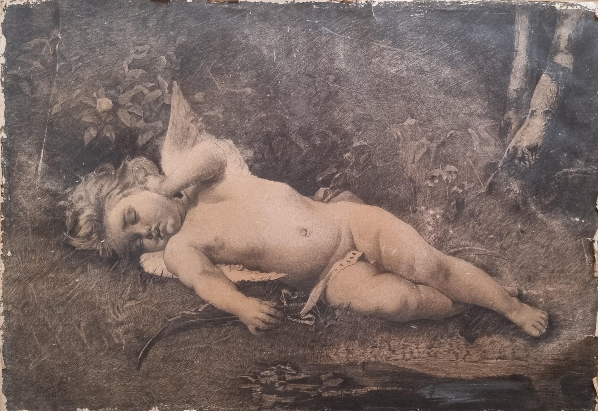 Drawing Cupidon Charcoal black chalk Jules BOULANGER Academic 19th