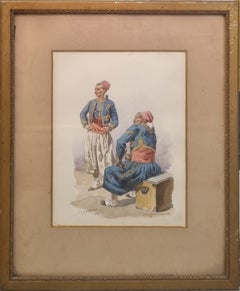 Watercolor Portrait Zouaves resting French military painting 19th