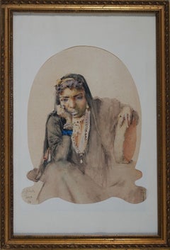 Watercolor BIRCK Portrait Egyptian woman Late 19th French Painter