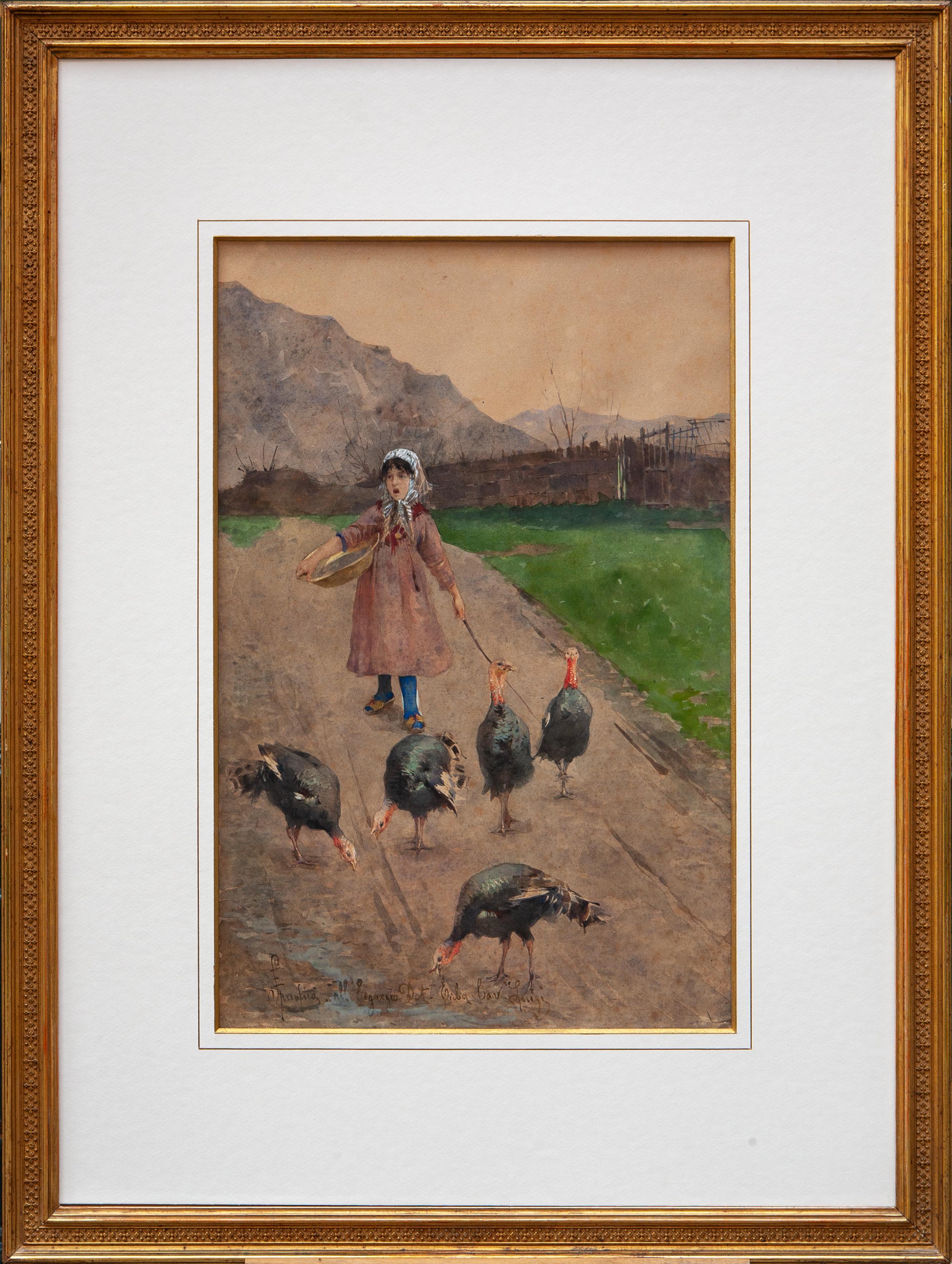 Eugenio Spreafico (Monza, 1856 – Magreglio, 1919) Figurative Art - Little girl with turkeys