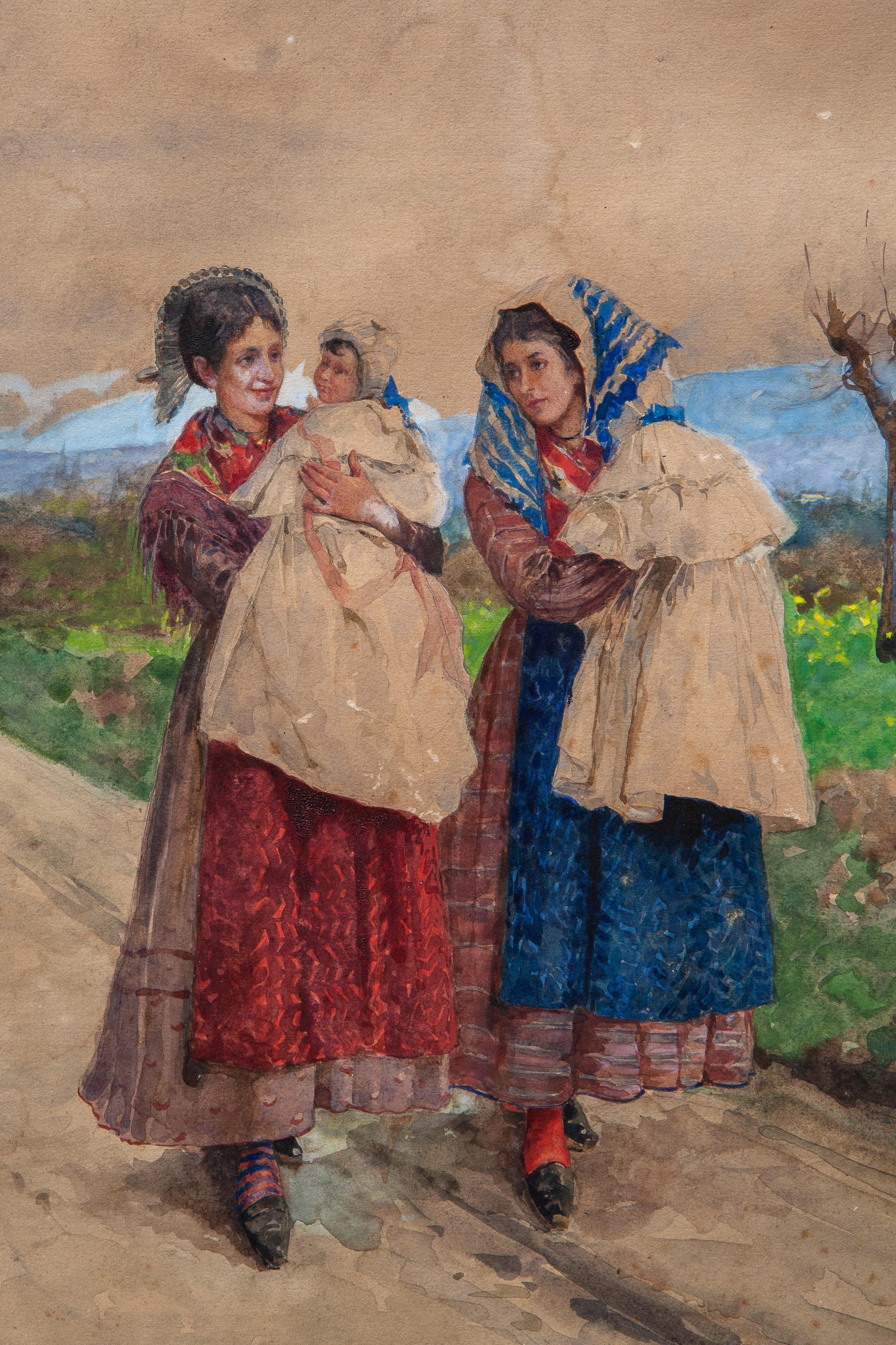 Donne con bambini - 1889 - Brown Figurative Art by Eugenio Spreafico (Monza, 1856 – Magreglio, 1919)