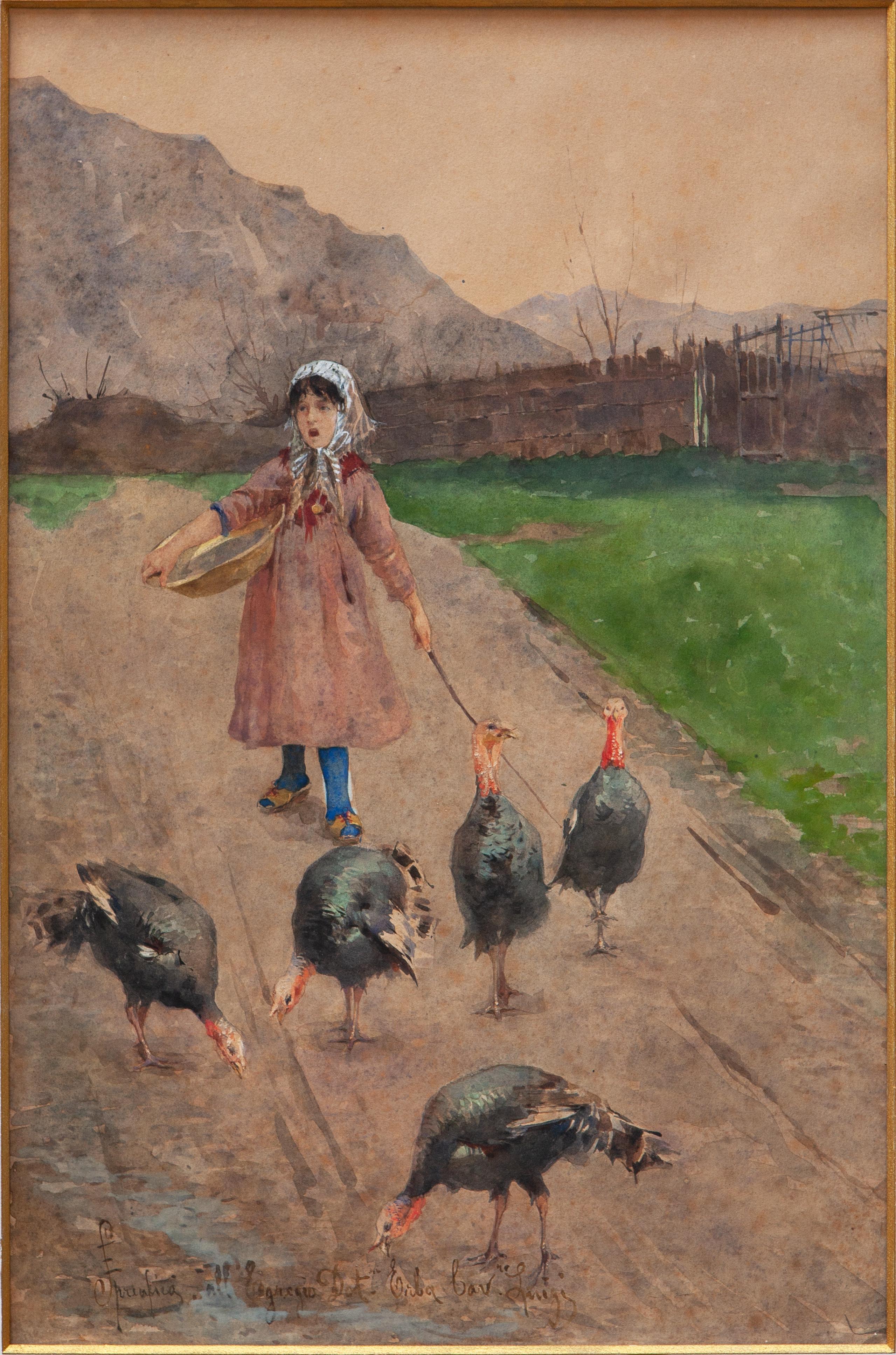 Little girl with turkeys - Art by Eugenio Spreafico (Monza, 1856 – Magreglio, 1919)