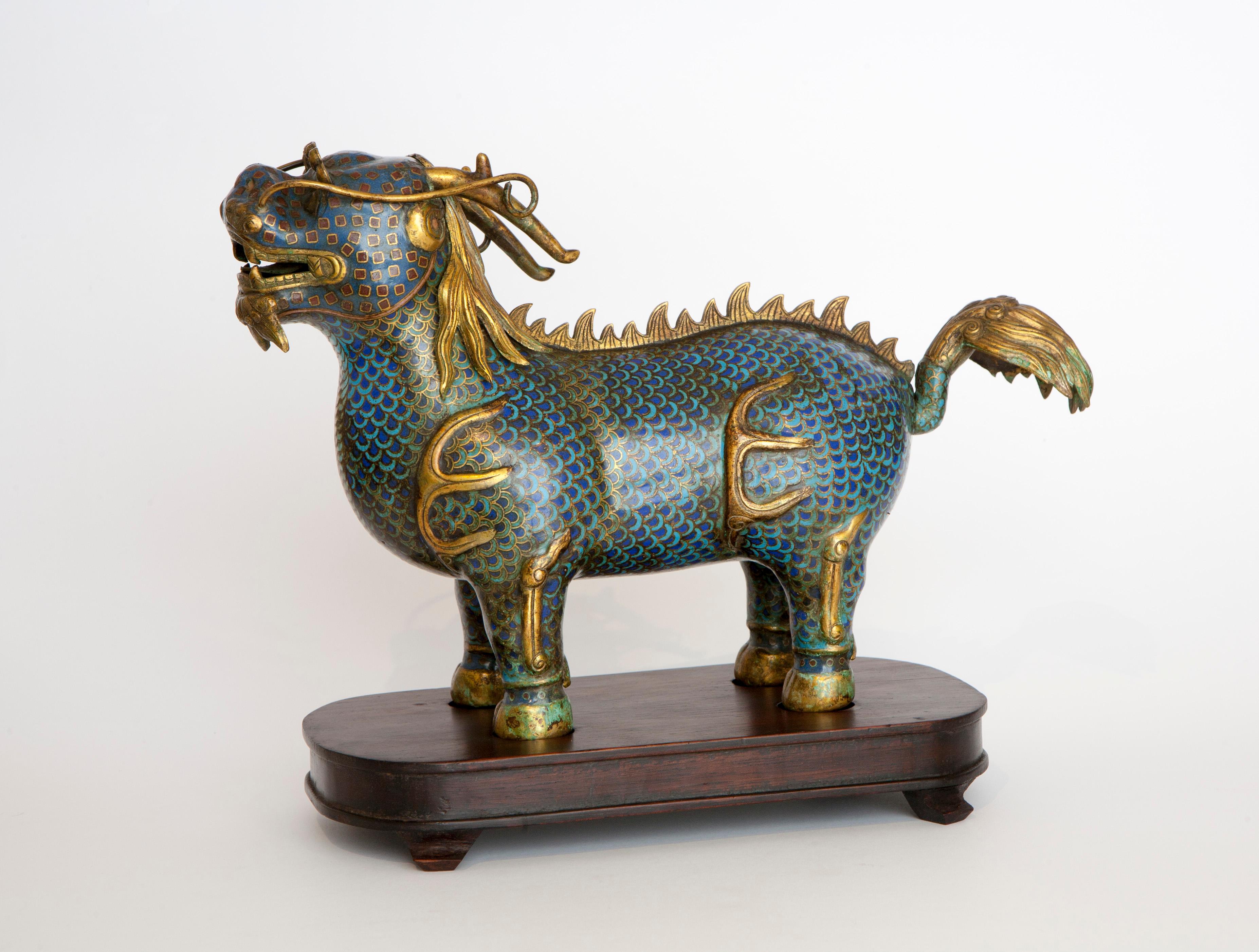 Pair of Qilin in cloisonné resting on wooden bases For Sale 2