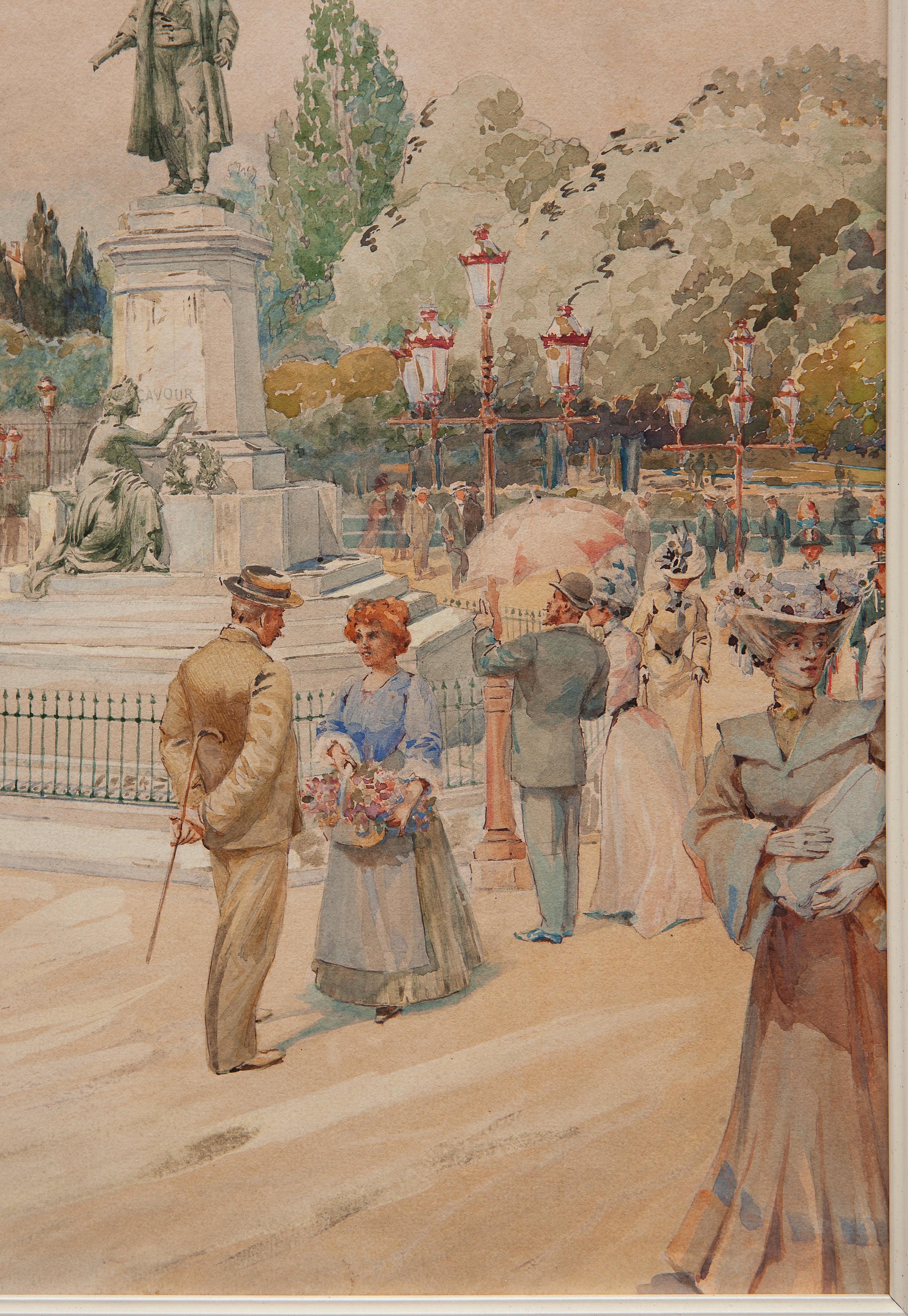 A. Cirnello
Piazza Cavour in Milan, with the monument to Camillo Benso Conte di Cavour
Dated 1905
Watercolor painting on paper
Size: 49x37 cm  (69x56 cm including the frame)
Signed and dated lower left