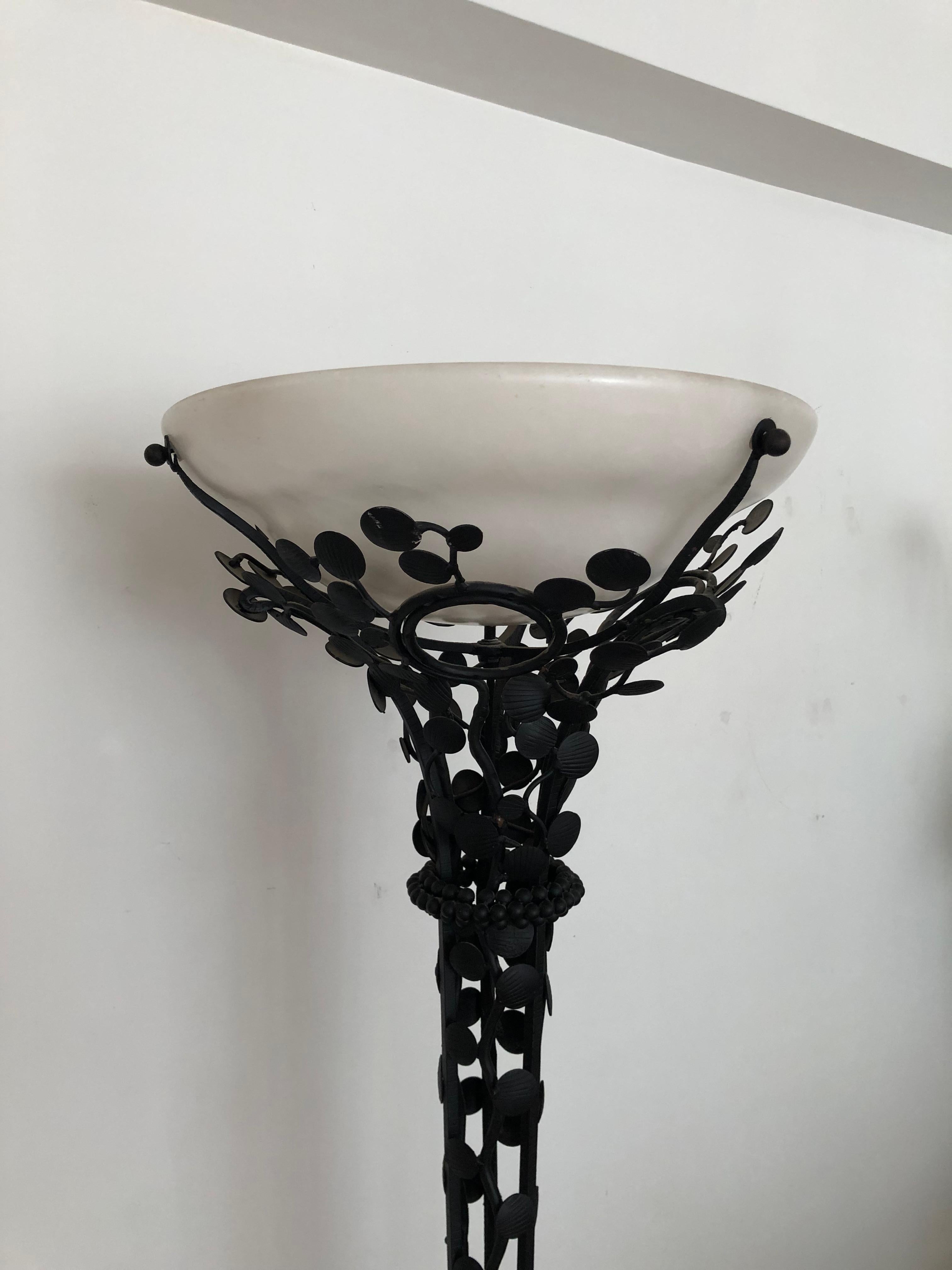 Art Deco Style Edgar Brandt Wrought Iron Floor Lamp Alabaster Glass Lampshade For Sale 4