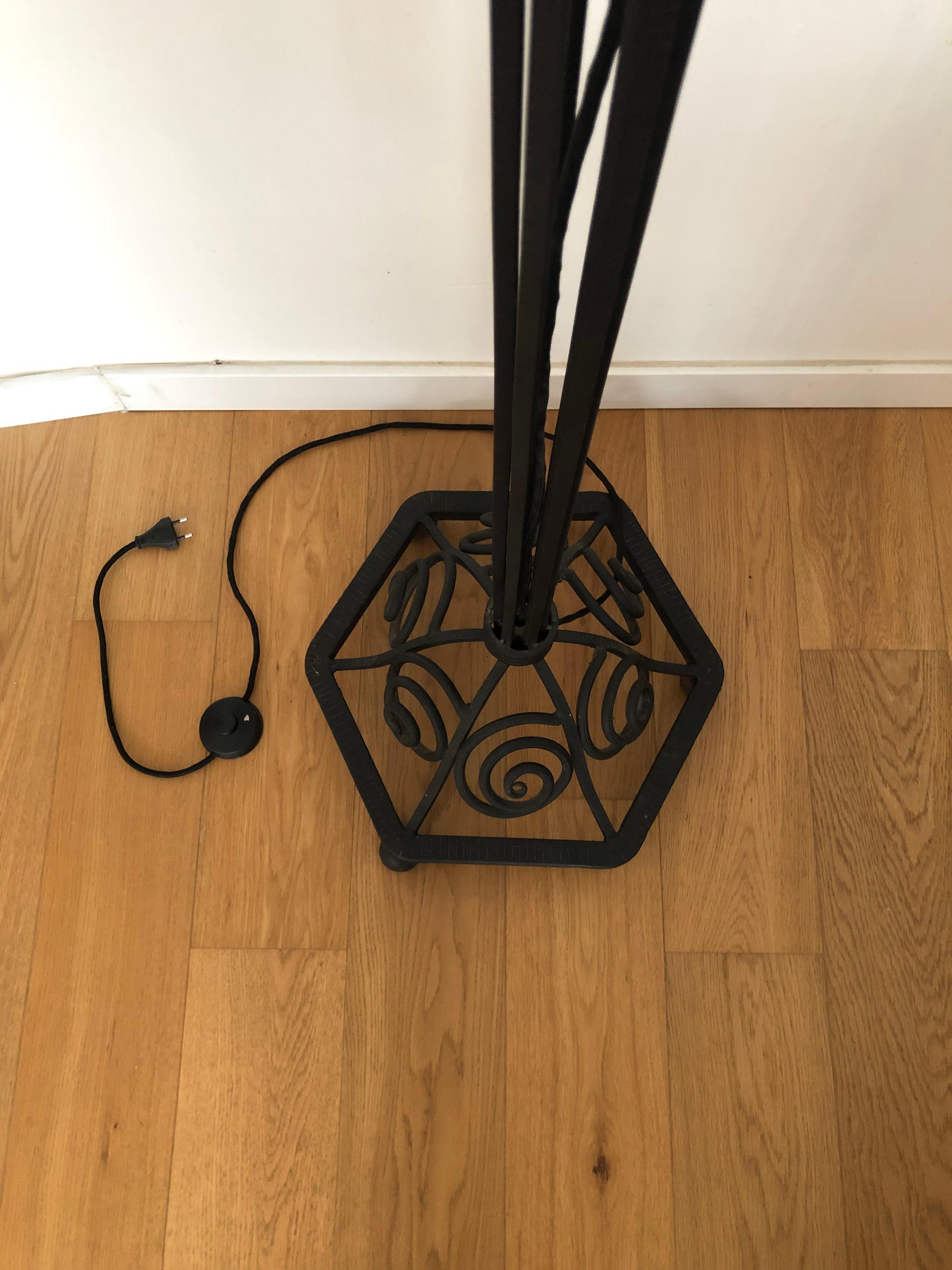 Art Deco Style Edgar Brandt Wrought Iron Floor Lamp Alabaster Glass Lampshade For Sale 2