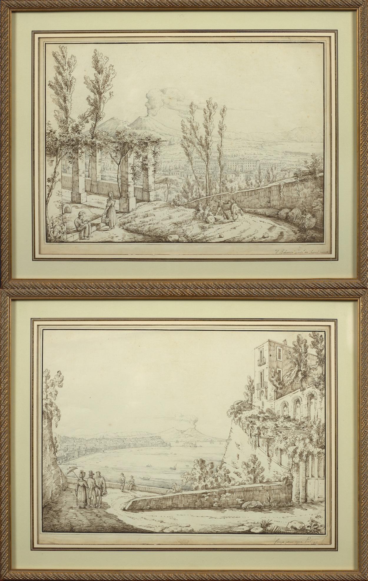 Antonio Senape Landscape Art - A View of Capodimonte and A View of Posillipo in Naples; Two Drawings 