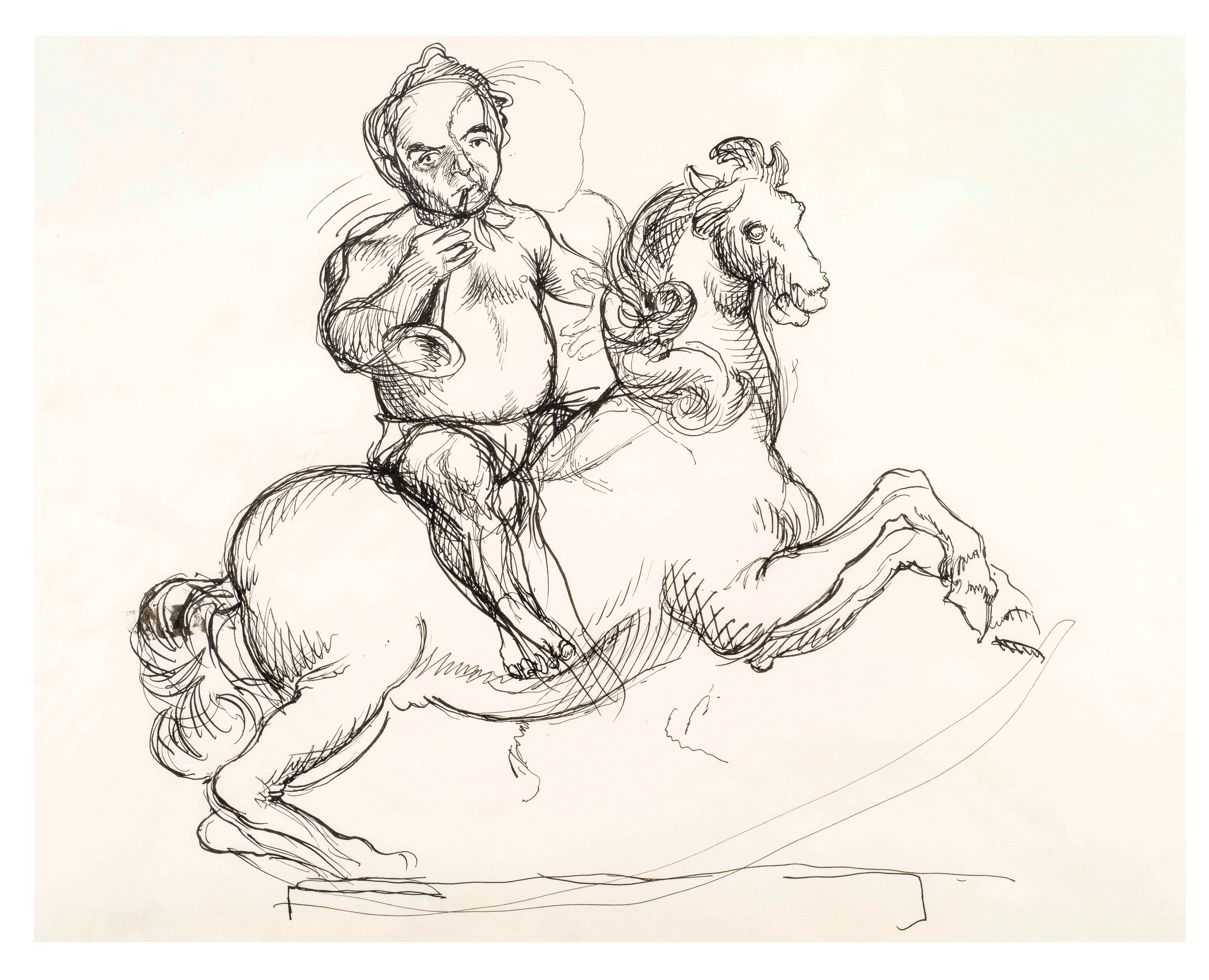 Reginald Marsh Figurative Art – Joseph McCarthy als Baby-Neujahr auf einem Hobbyhorse 