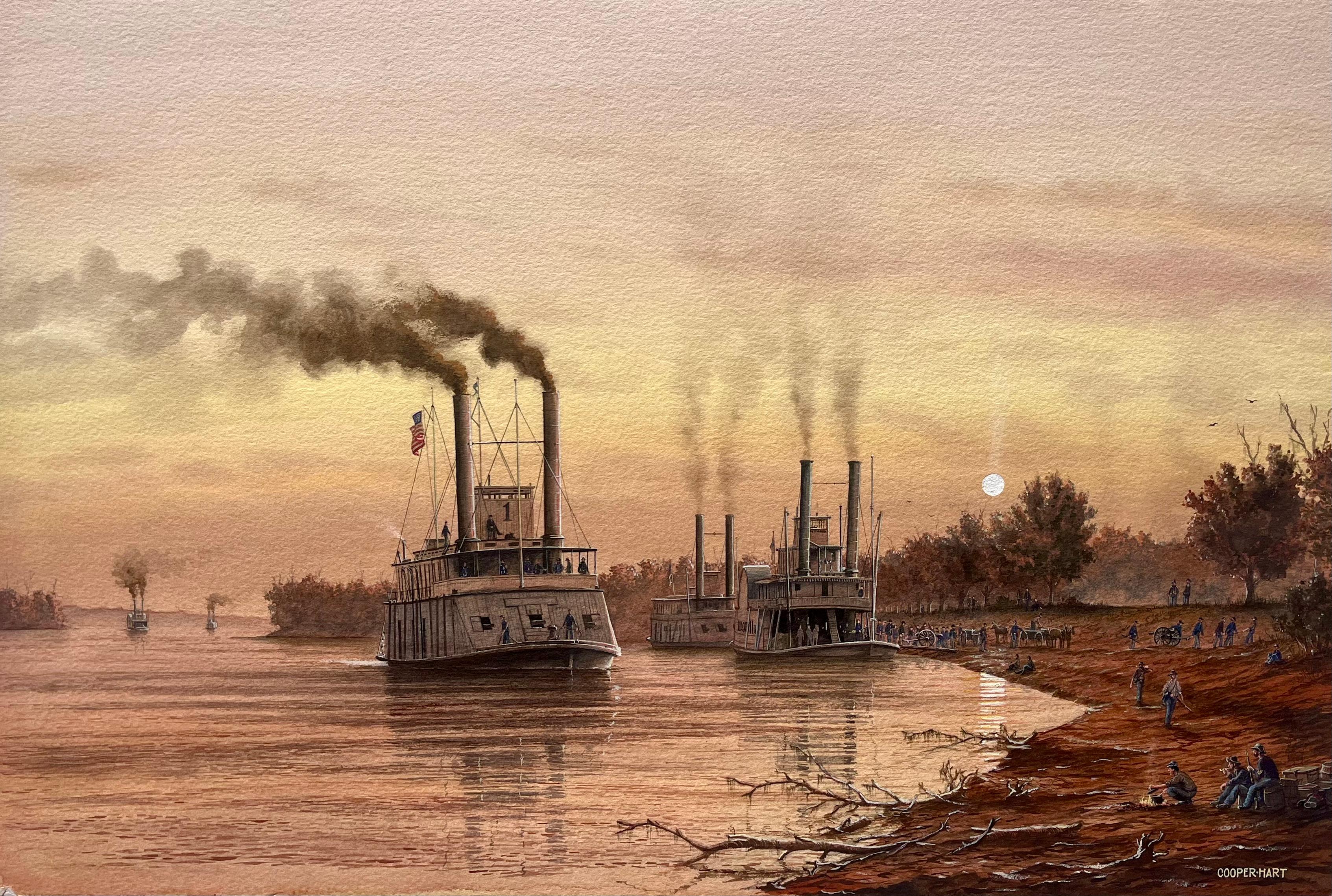 Cooper Hart Landscape Art - Civil War Boat Scene "The Rattler at Vicksburg"