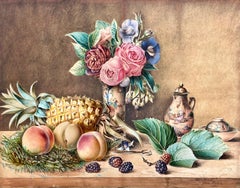 Vaso orientale, fiori e frutta, natura morta intitolata "from Nature".