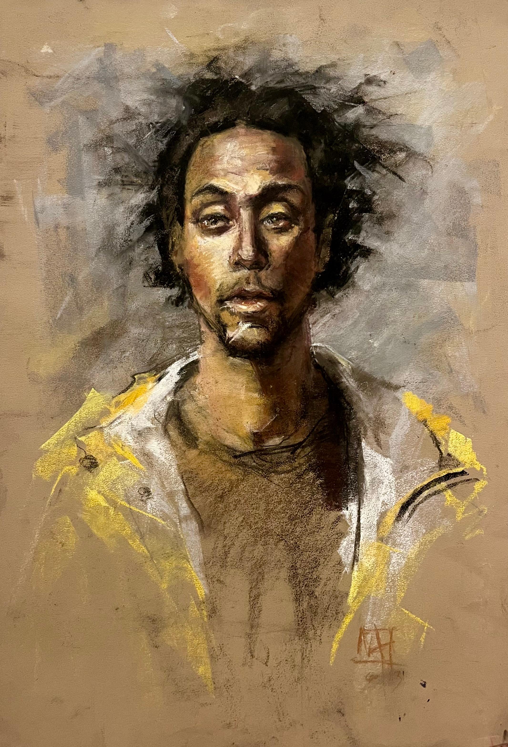 MTH Figurative Art - Portrait of Young African American Man in Yellow Rain Jacket