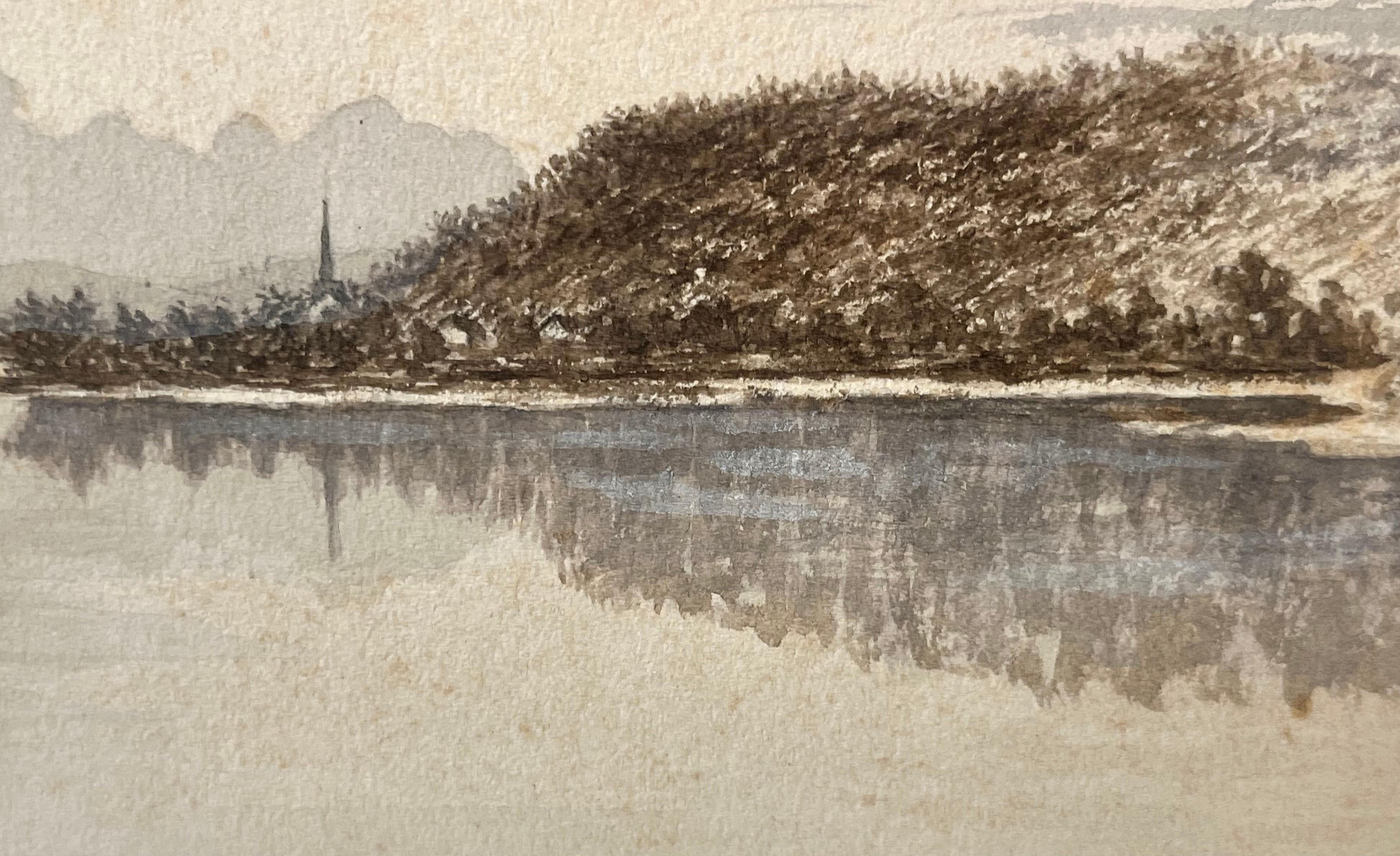 Aquarelle d'un paysage fluvial intitulé « Enjoying Calm Waters » - Art de Unknown