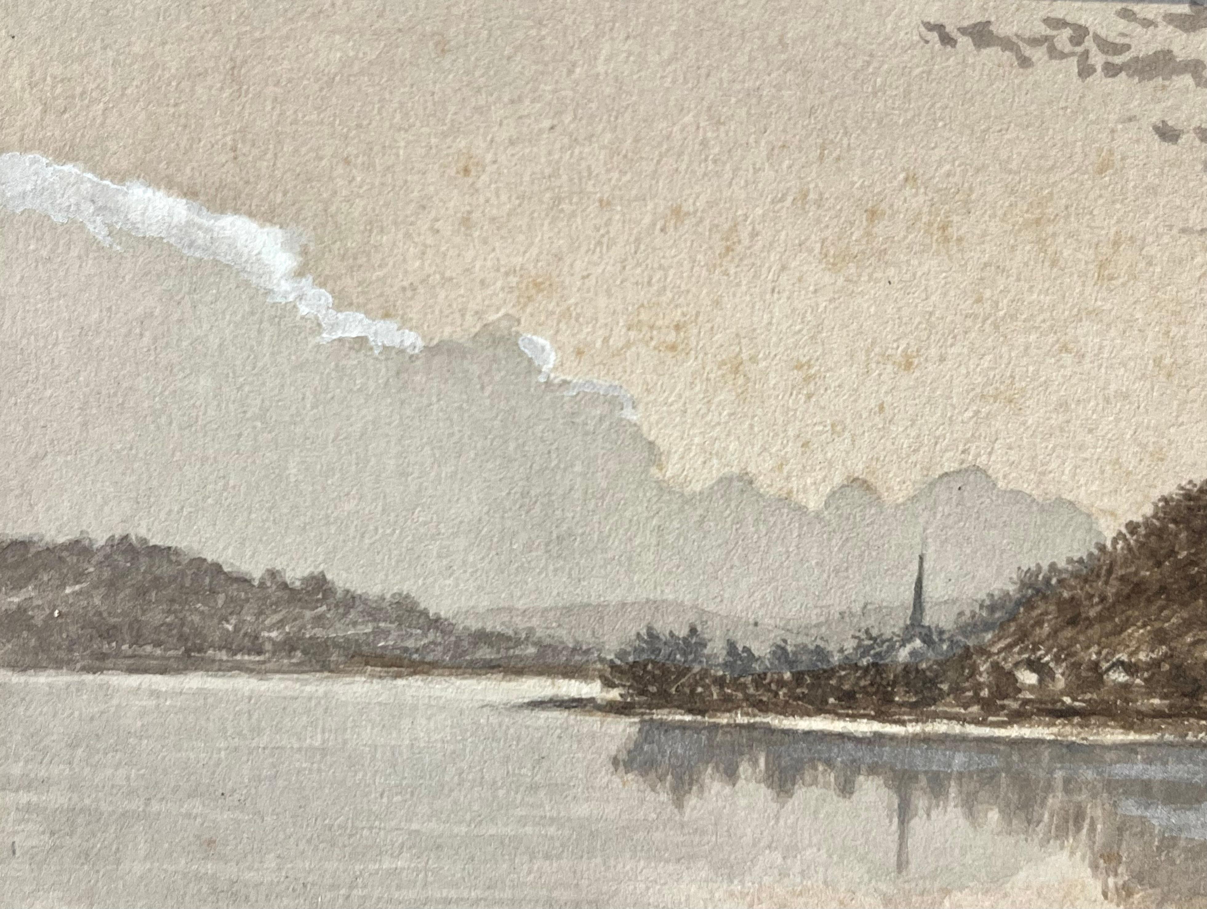 Aquarelle d'un paysage fluvial intitulé « Enjoying Calm Waters » - Beige Landscape Art par Unknown
