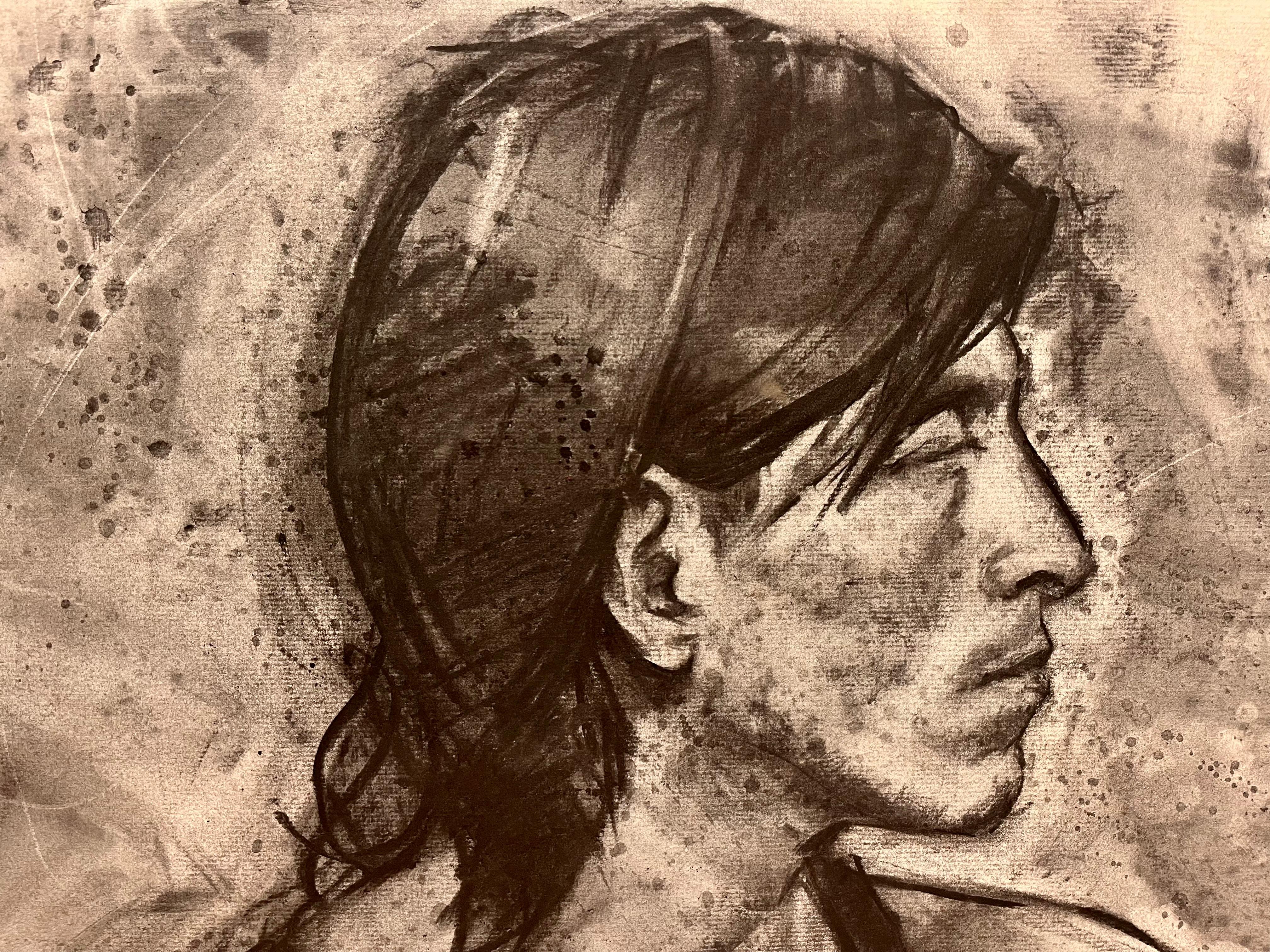 Charcoal Portrait of Long Haired Man - Contemporary Art by MTH