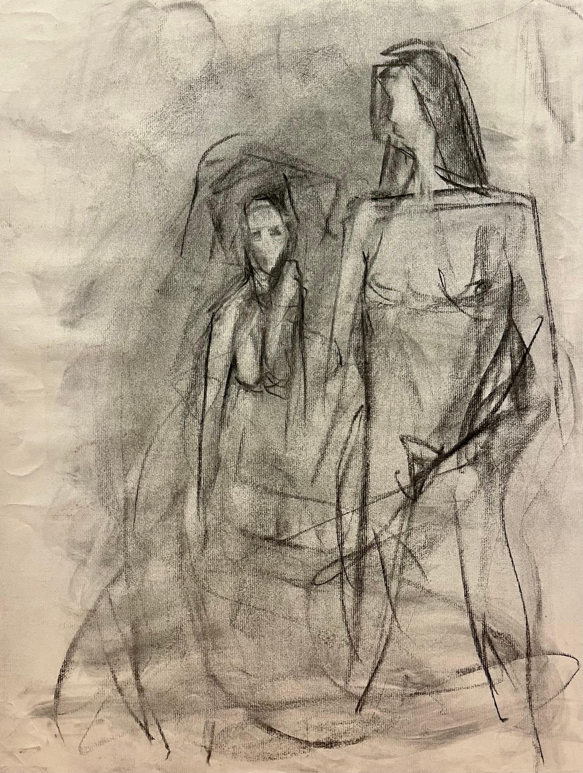 This striking charcoal portrait captures the essence of an African American woman with a unique black and white afro. The monochromatic medium emphasizes the stark contrast between the two-toned afro, drawing the viewer's attention to the interplay