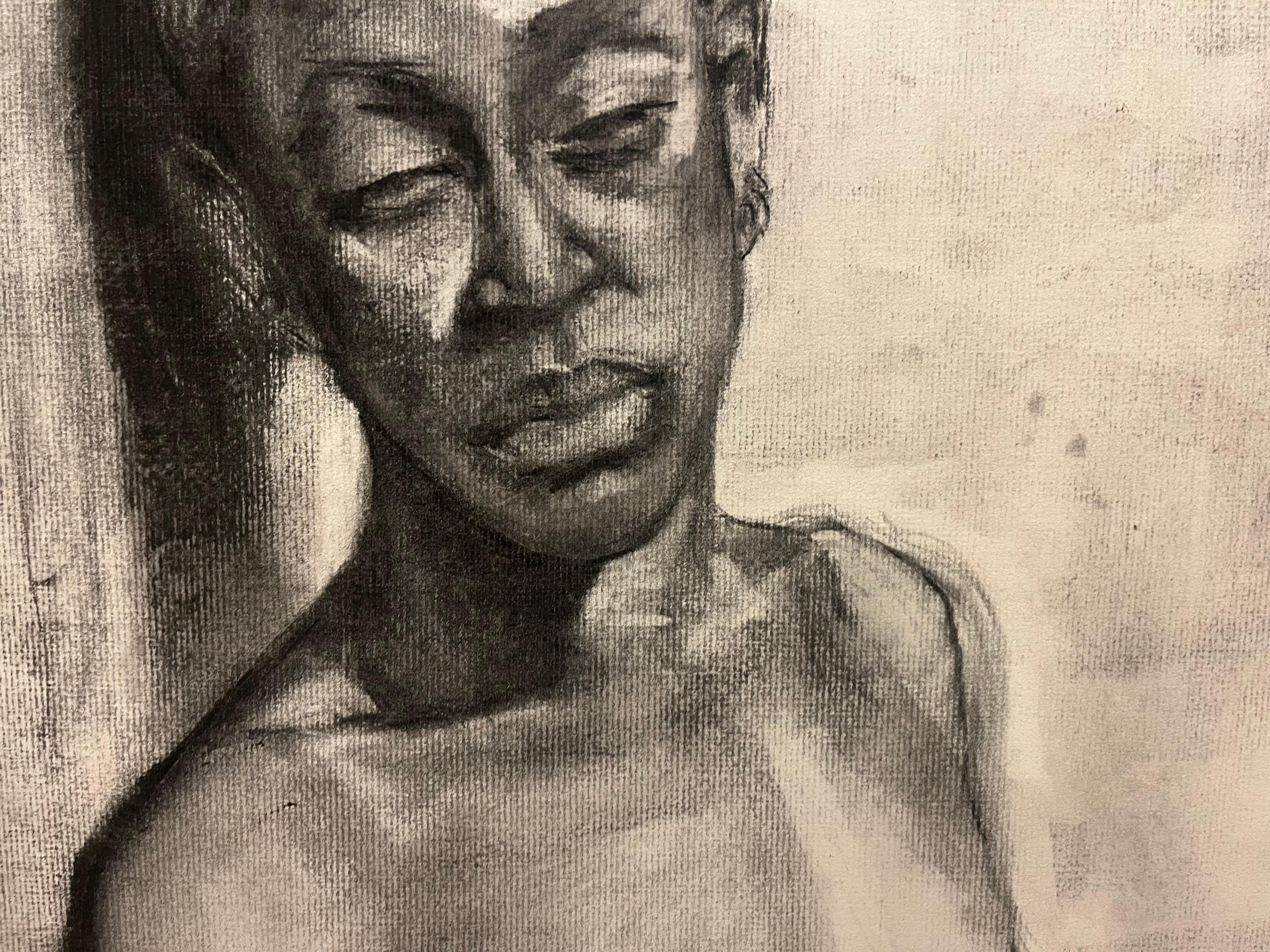 Charcoal Nude of African American Woman with Head Scarf For Sale 1