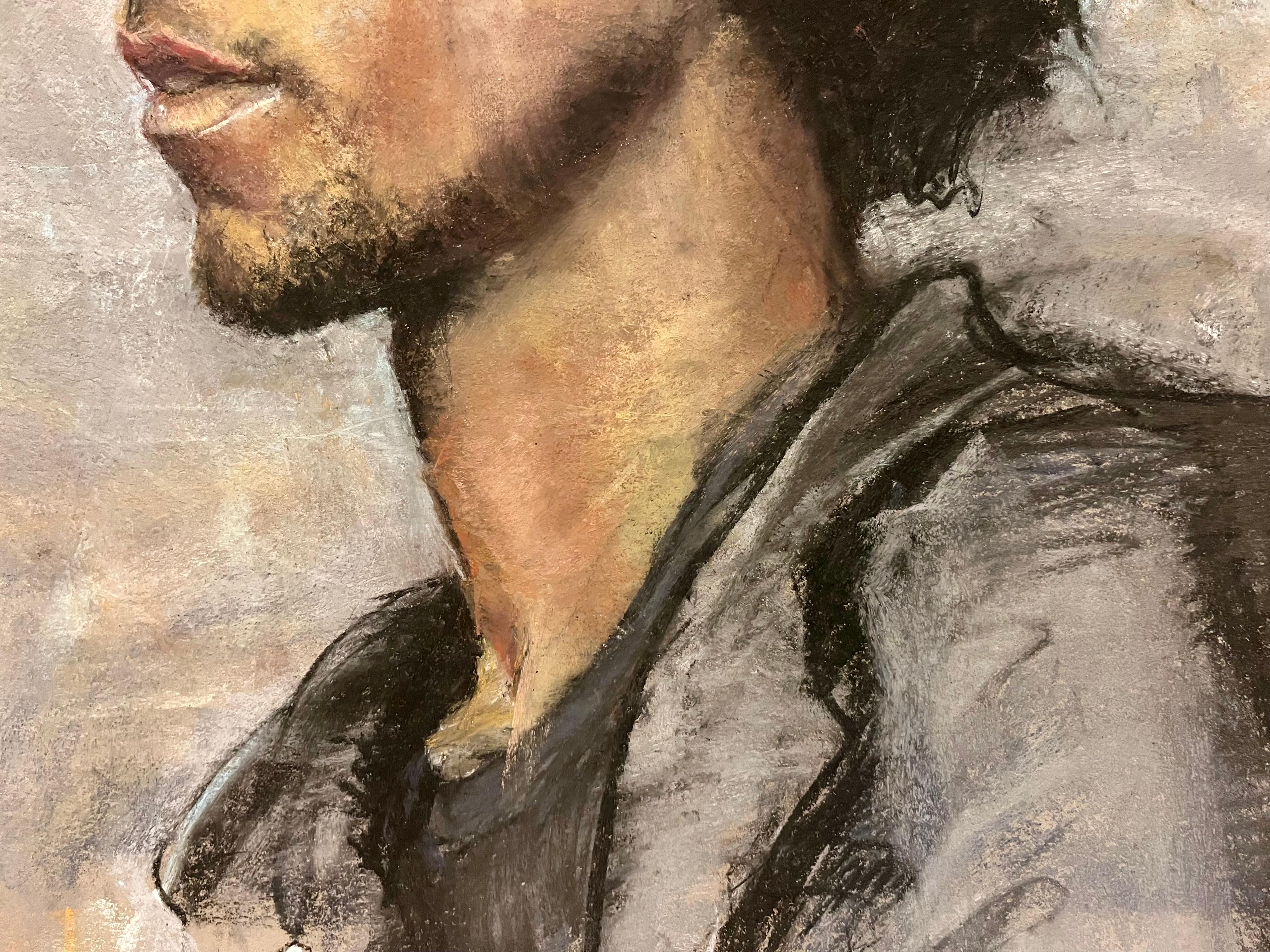 Side Profile of Young African American Man with Black Hoodie - Brown Portrait by MTH