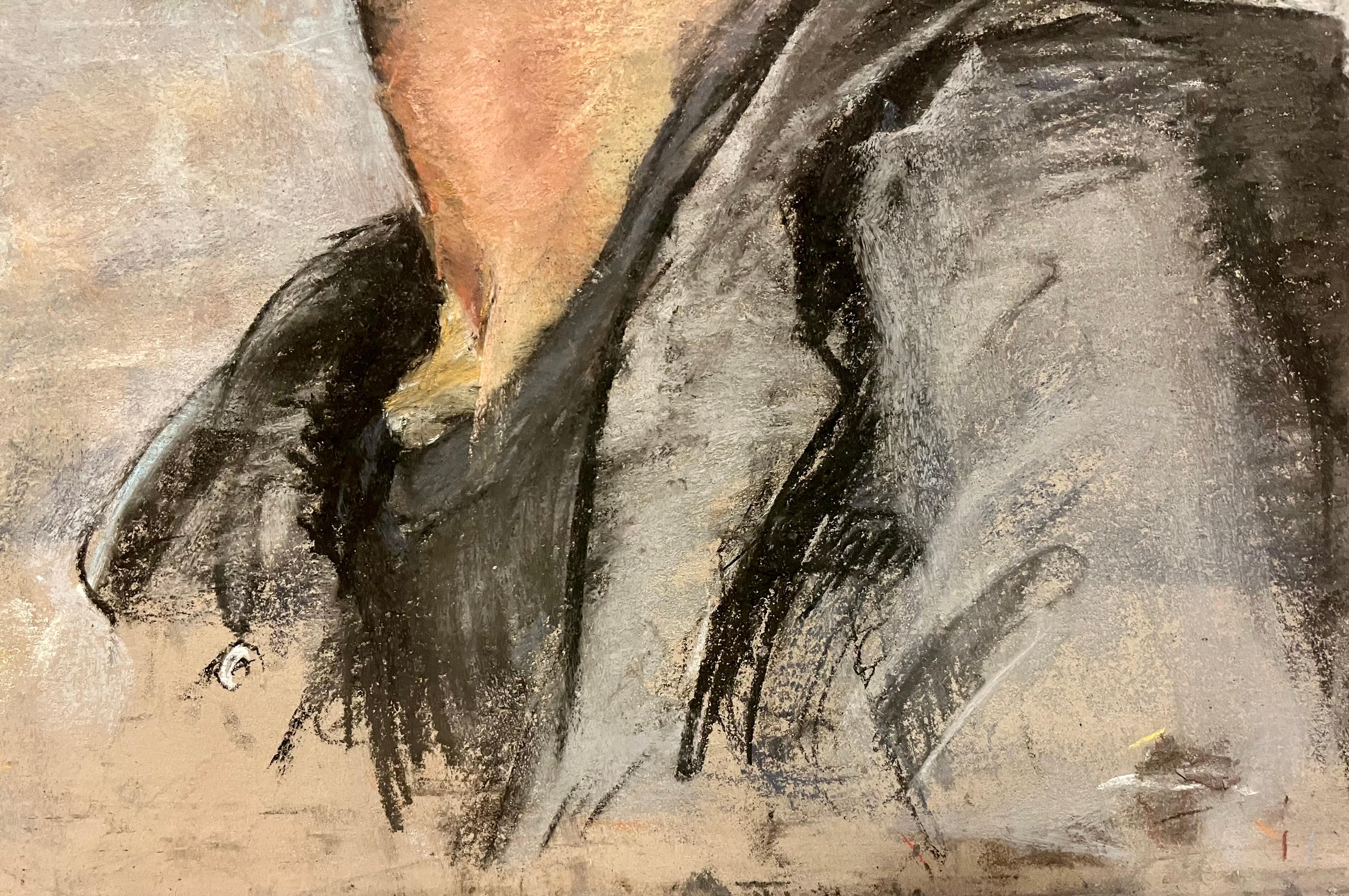 This pastel portrait captures the side profile of a young African American man dressed in a black hoodie. The artist skillfully employs the pastel medium to bring out the rich texture of the subject's skin and the softness of his features,
