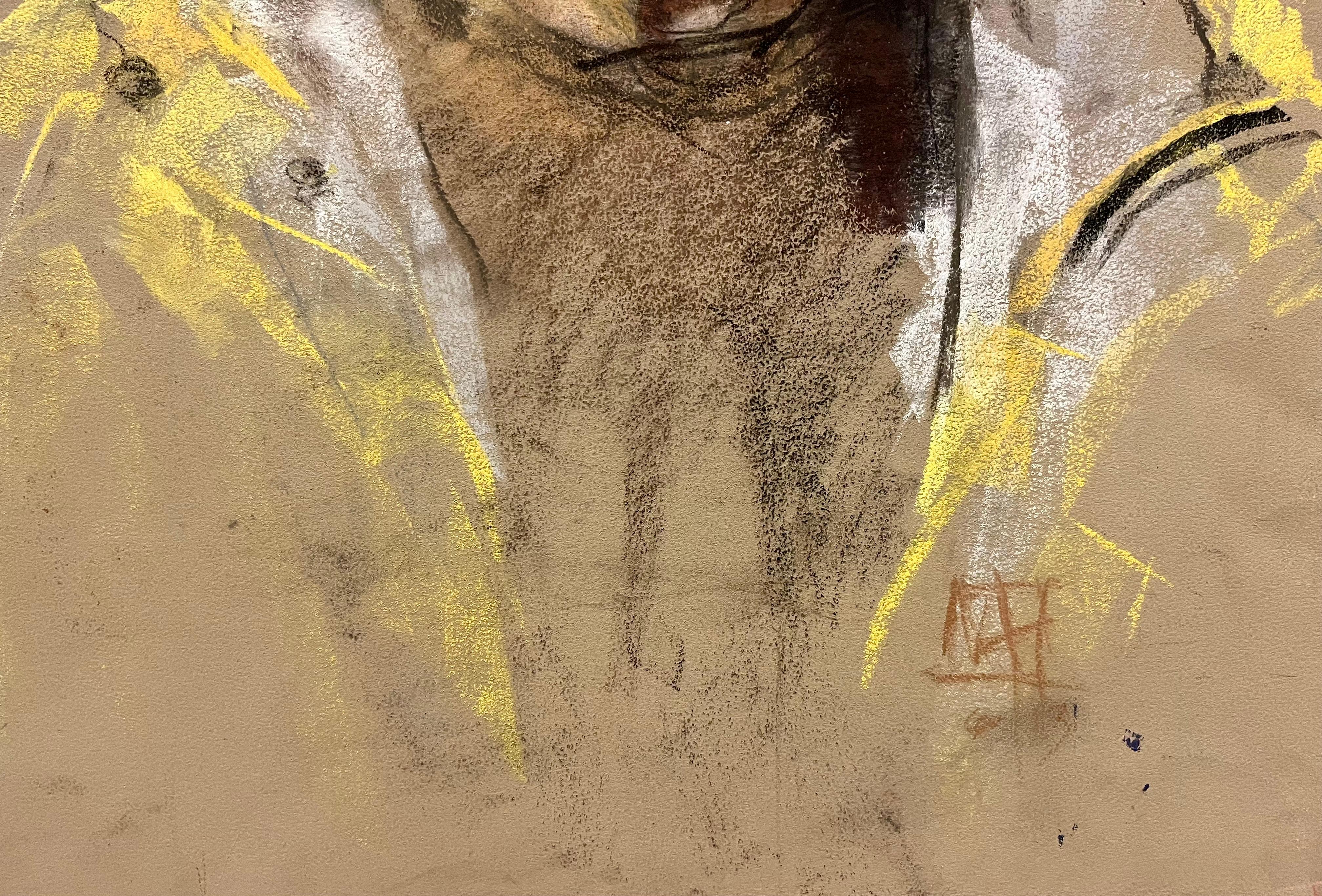 This vivid pastel portrait features a young African American man wearing a bright yellow rain jacket. The artist’s use of pastel captures the jacket's luminous color with striking intensity, creating a dynamic contrast against the darker and softer