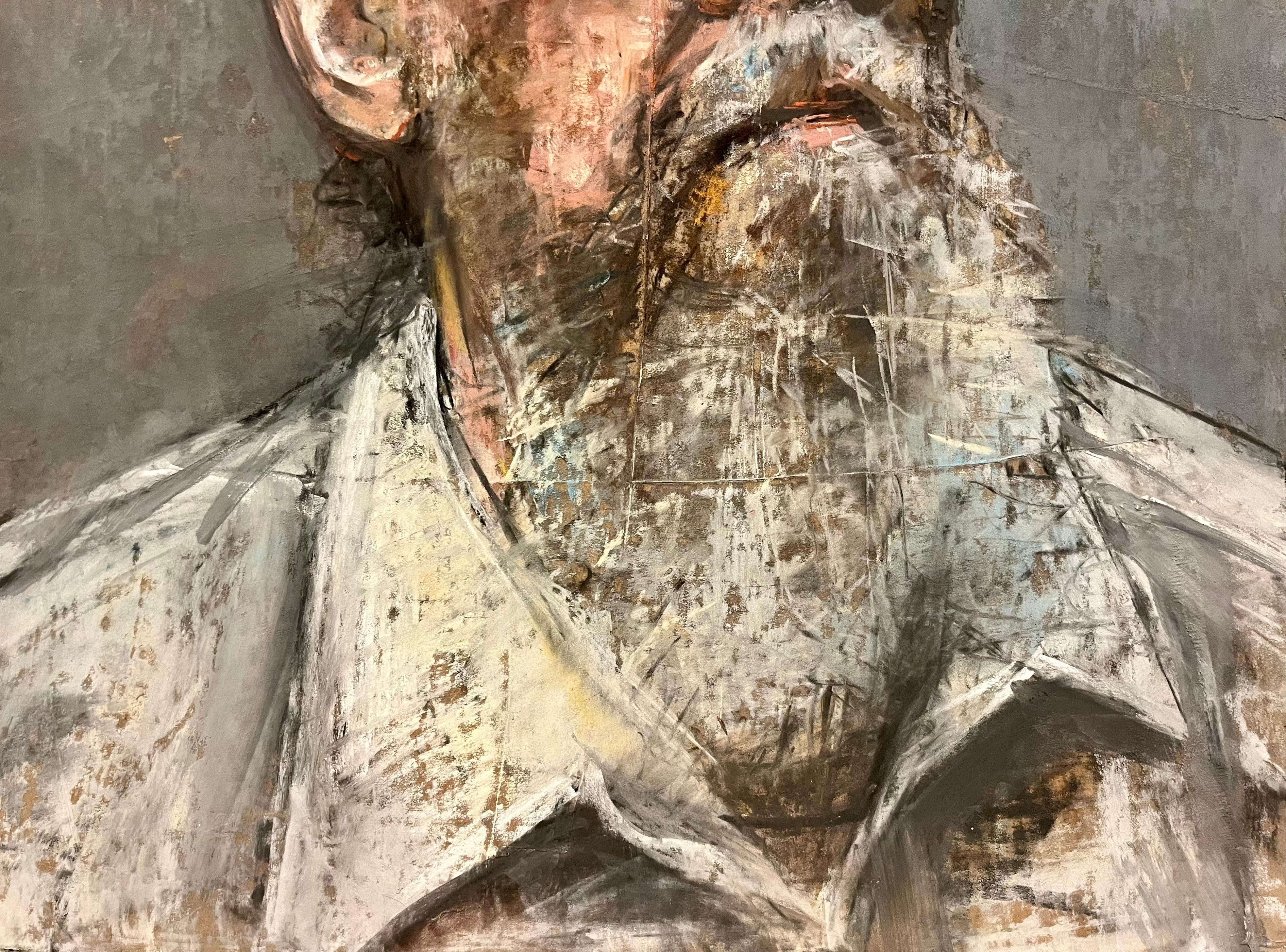 Ce fascinant portrait au pastel représente un homme âgé portant une casquette de camionneur bien usée, capturant le caractère et les histoires gravées sur son visage. L'artiste utilise habilement des pastels pour rendre compte de la texture de sa