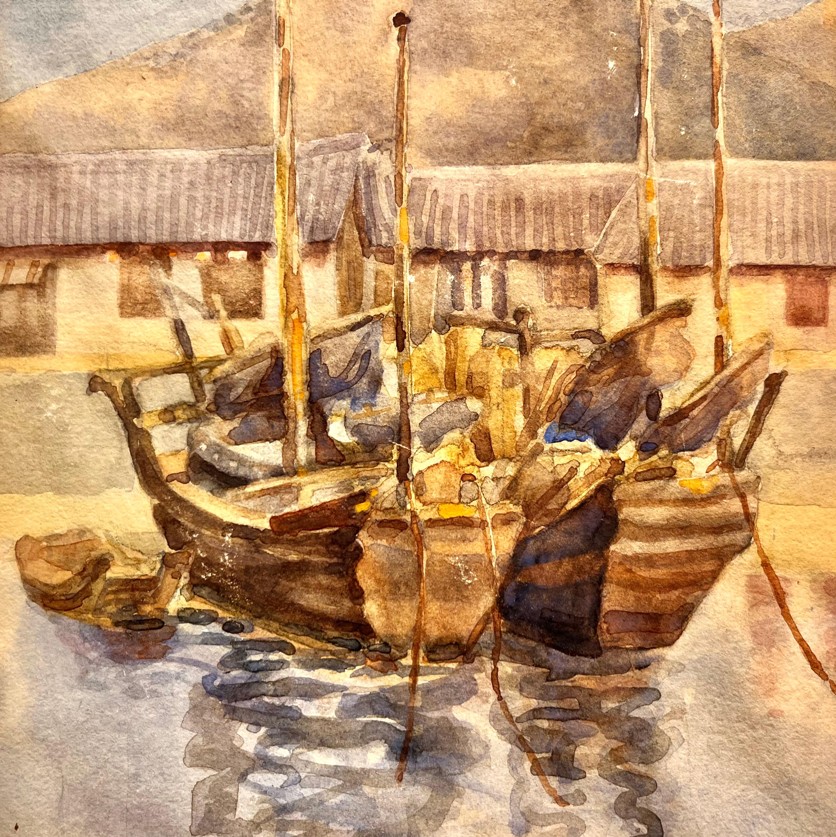 Boats on the water From Yii Keo China - Beige Landscape Art by Katharine Jowett