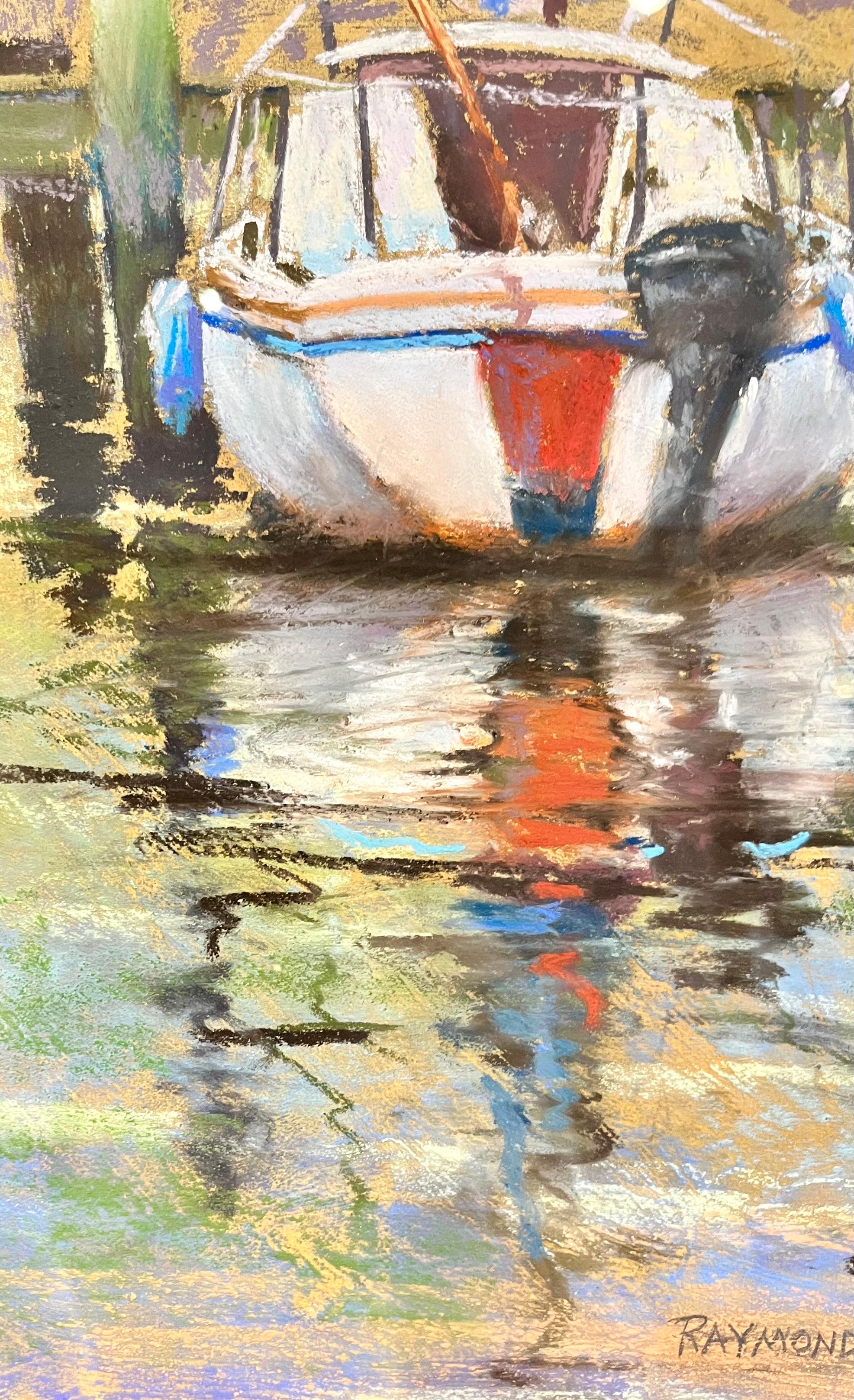 Cette peinture réalisée vers 2000 par l'artiste du Maryland Raymond Ewing représente un petit bateau amarré dans la baie de Chesapeake, dont le reflet scintille à la surface de l'eau en touches vives de rouge, de bleu et d'or. L'utilisation