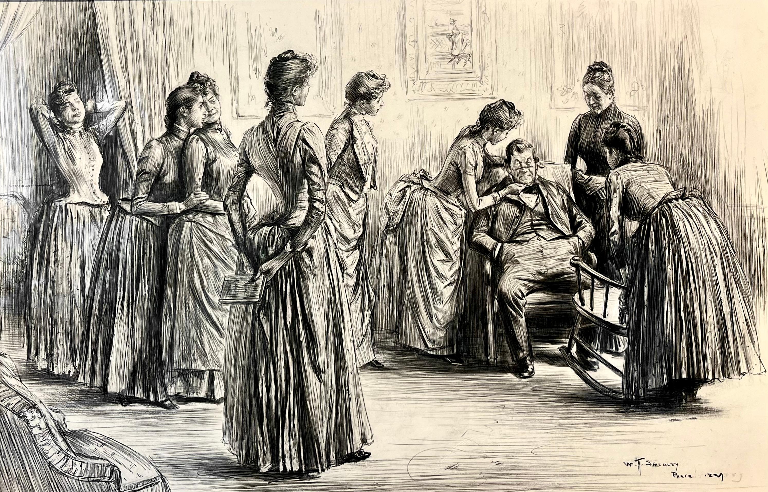 Dessin figuratif à l
encre d
une scène familiale intitulée Tu nous emmèneras à Paris, Père